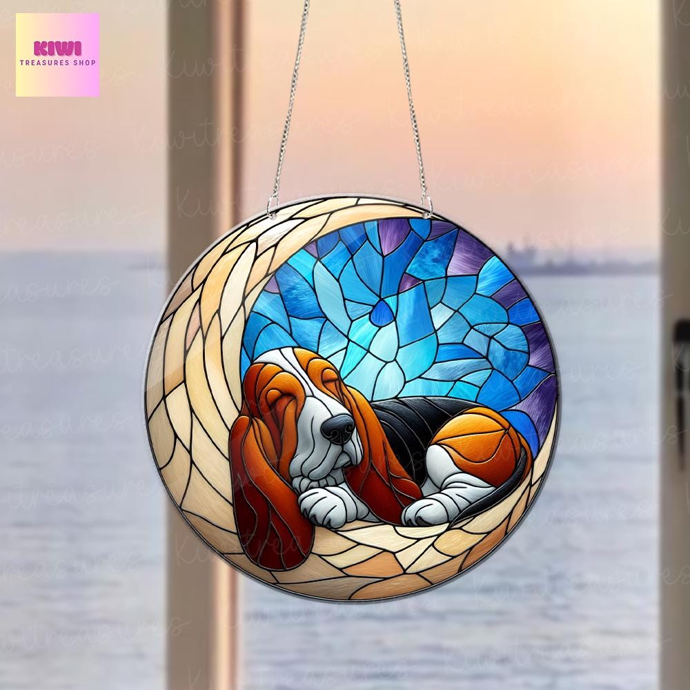 Basset hound on crescent moon Acrylic Window Hanging, dog Mom gift, basset hound lover, dog owner gift, memorial idea gift