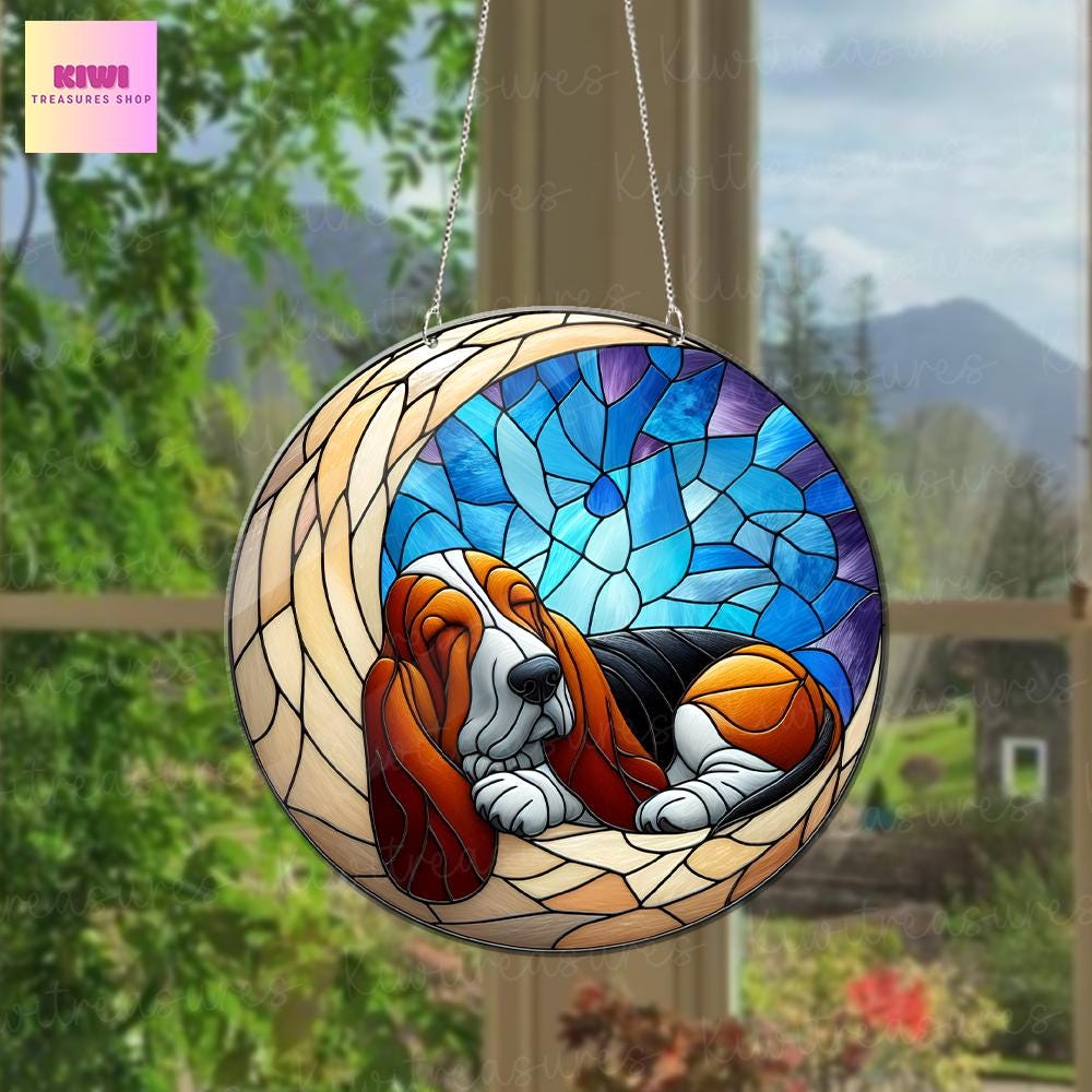 Basset hound on crescent moon Acrylic Window Hanging, dog Mom gift, basset hound lover, dog owner gift, memorial idea gift