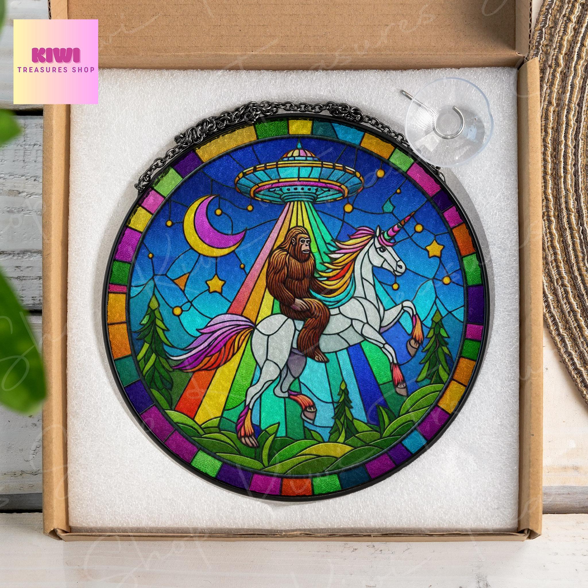 UFO Abduction Bigfoot driving unicorn Glass Suncatcher - Funny Gifts for sasquatch lover, Window Hanging, Indoor Decor, Suncatcher, Bigfoot