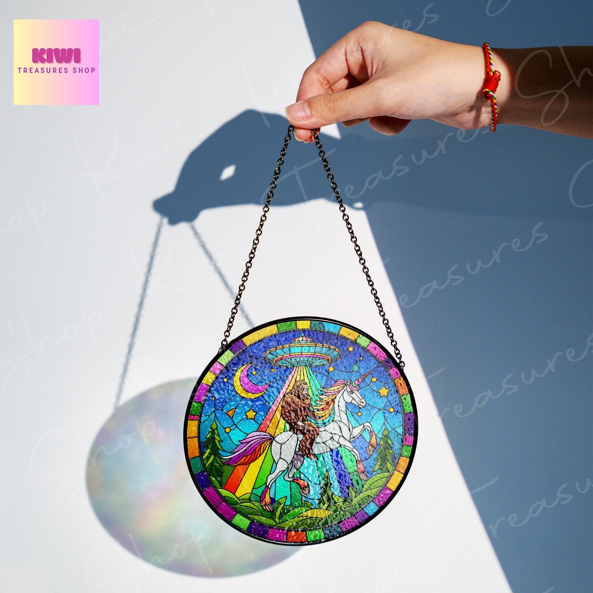 UFO Abduction Bigfoot driving unicorn Glass Suncatcher - Funny Gifts for sasquatch lover, Window Hanging, Indoor Decor, Suncatcher, Bigfoot