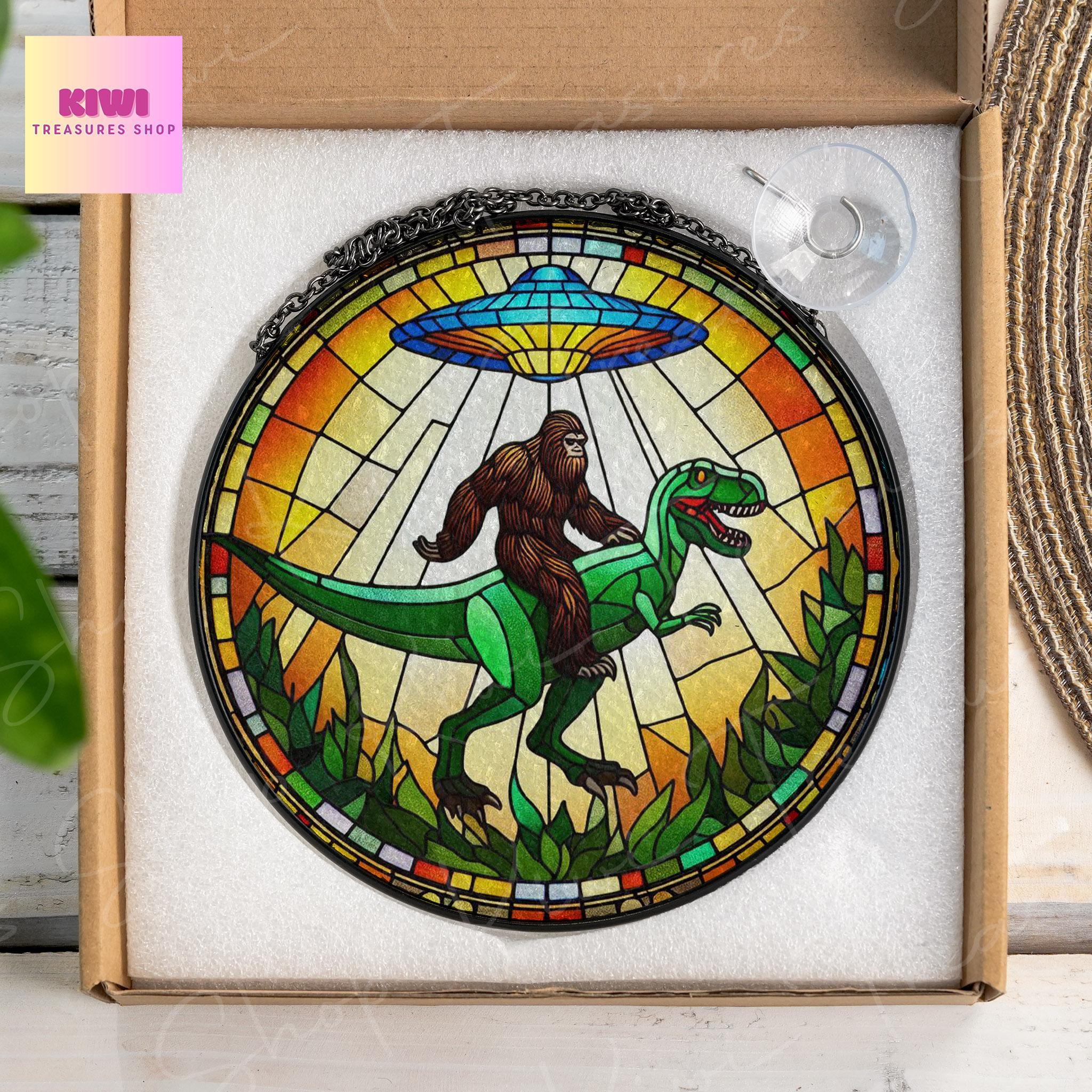 UFO Abduction Bigfoot driving dinosaur Glass Suncatcher - Funny Gifts for sasquatch lover, weirdcore Suncatcher, Bigfoot and t-rex