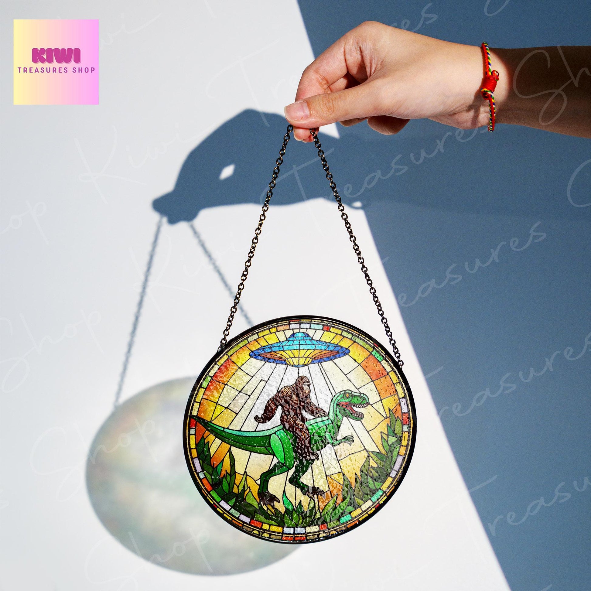 UFO Abduction Bigfoot driving dinosaur Glass Suncatcher - Funny Gifts for sasquatch lover, weirdcore Suncatcher, Bigfoot and t-rex