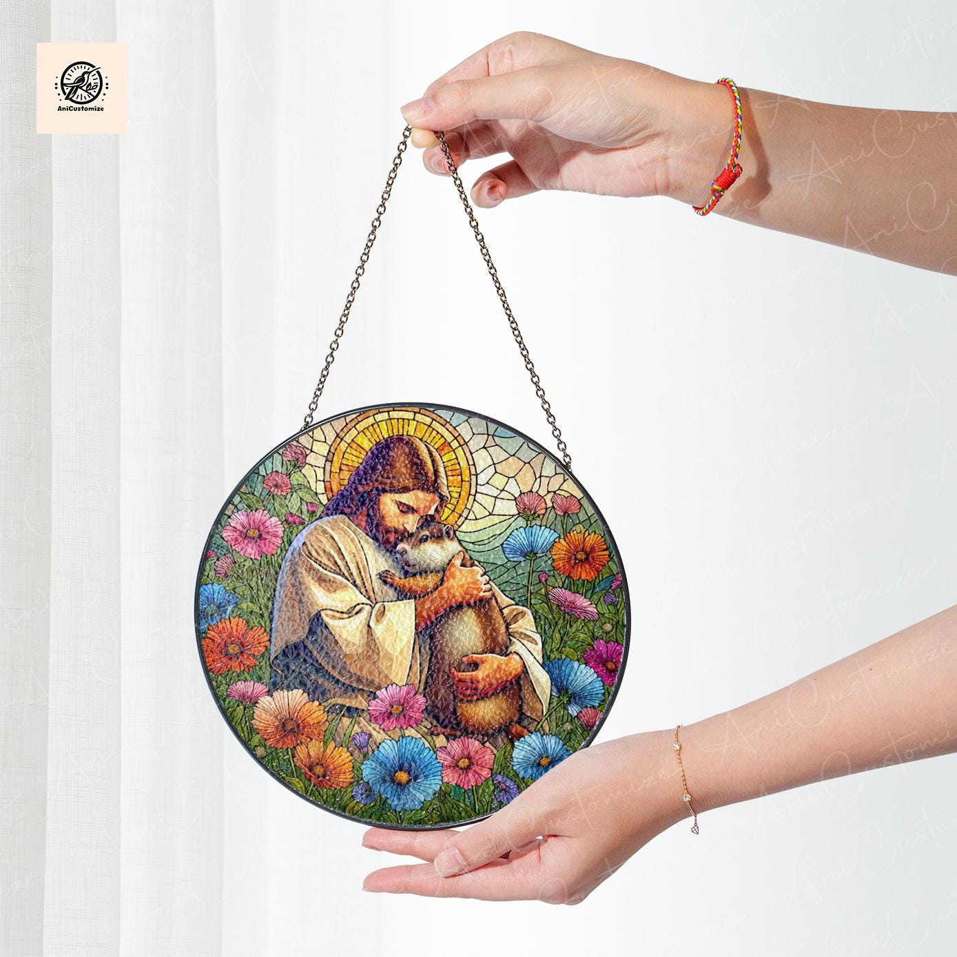 Jesus Hugging Groundhog GLASS Suncatcher Decor, Funny Christian,Funny Decor, Christian Gift, Groundhog Decor, Funny Animal Gift