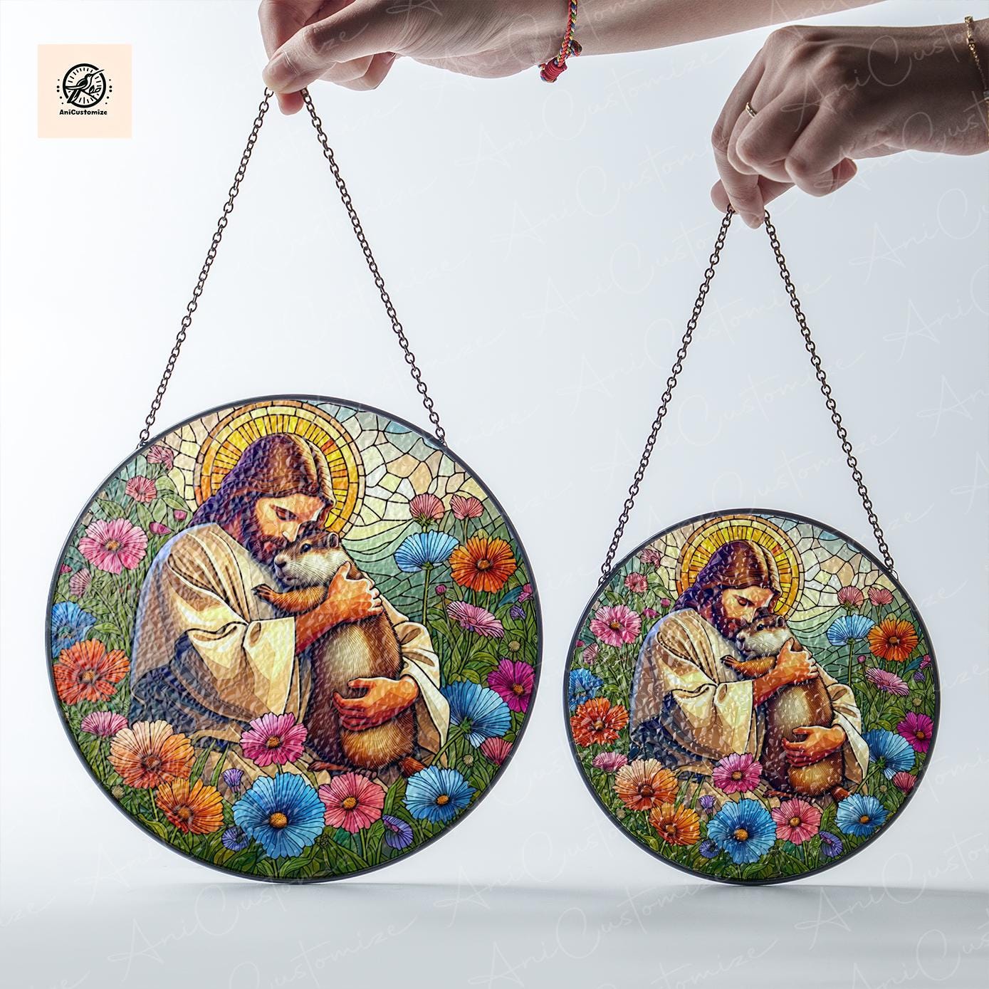 Jesus Hugging Groundhog GLASS Suncatcher Decor, Funny Christian,Funny Decor, Christian Gift, Groundhog Decor, Funny Animal Gift