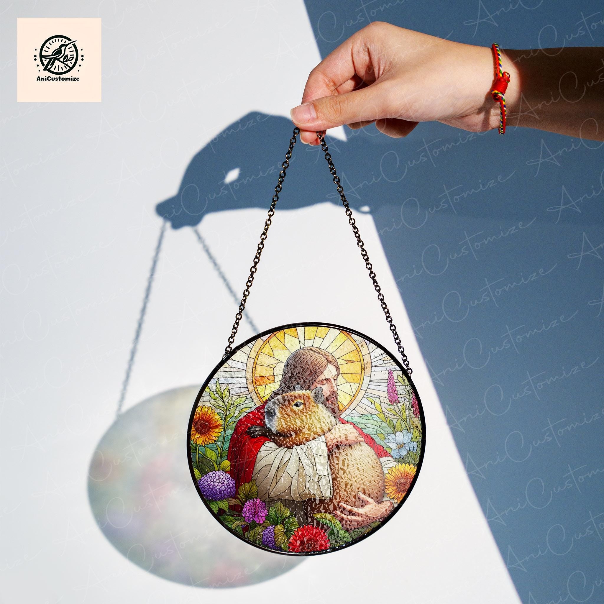 Jesus Hugging Capybara GLASS Suncatcher Decor, Funny Christian,Funny Decor, Christian Gift, Capybara  Decor, Funny Animal Gift,Capybara Gift