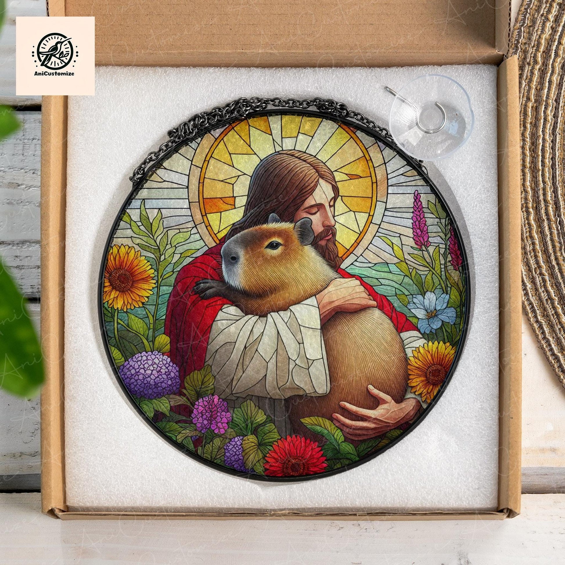 Jesus Hugging Capybara GLASS Suncatcher Decor, Funny Christian,Funny Decor, Christian Gift, Capybara  Decor, Funny Animal Gift,Capybara Gift