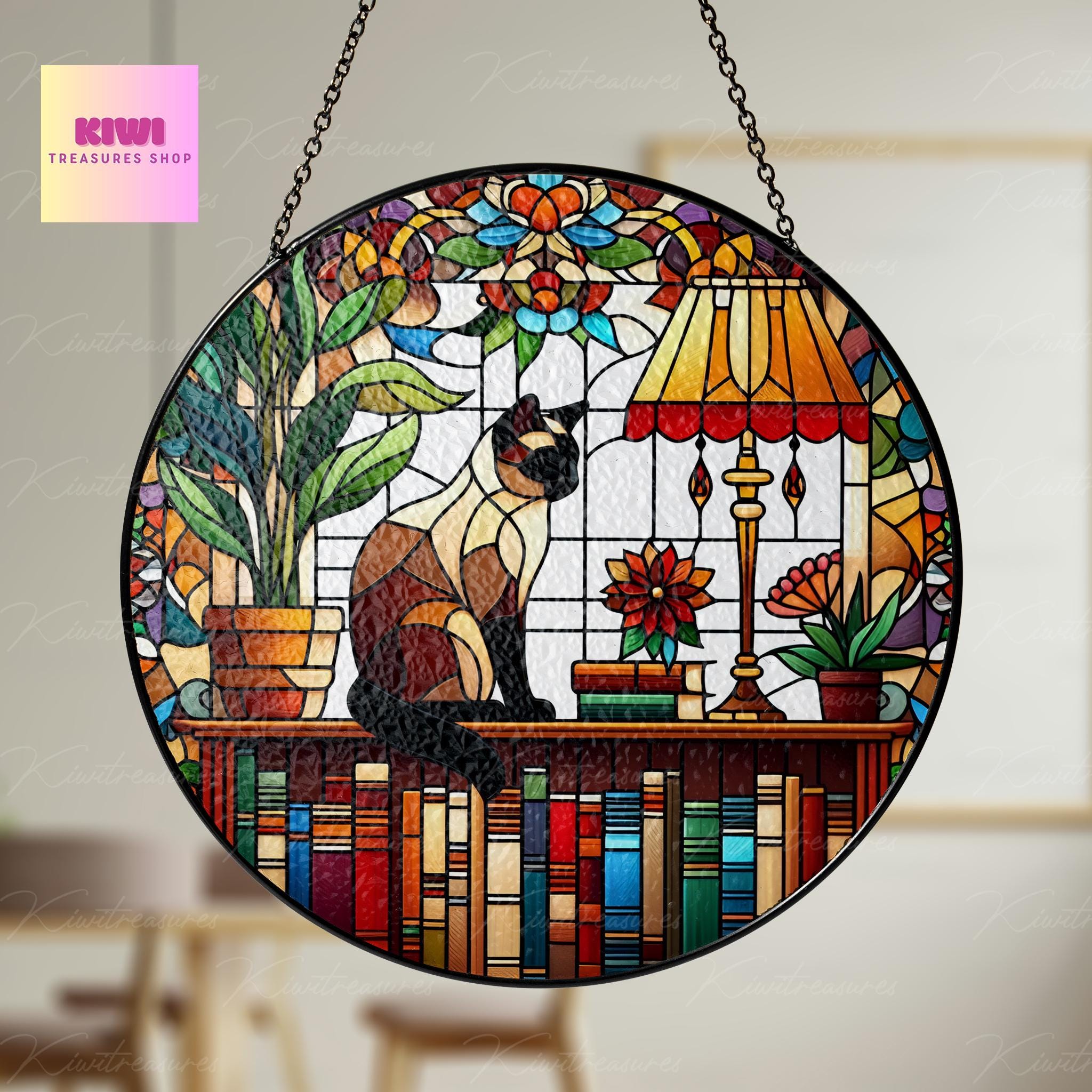 Siamese Cat Sitting On Bookshelf GLASS Suncatcher Hanging, Window Decor, Book Lover Gift, Book FAUX Stain Glass, Librarian Gift