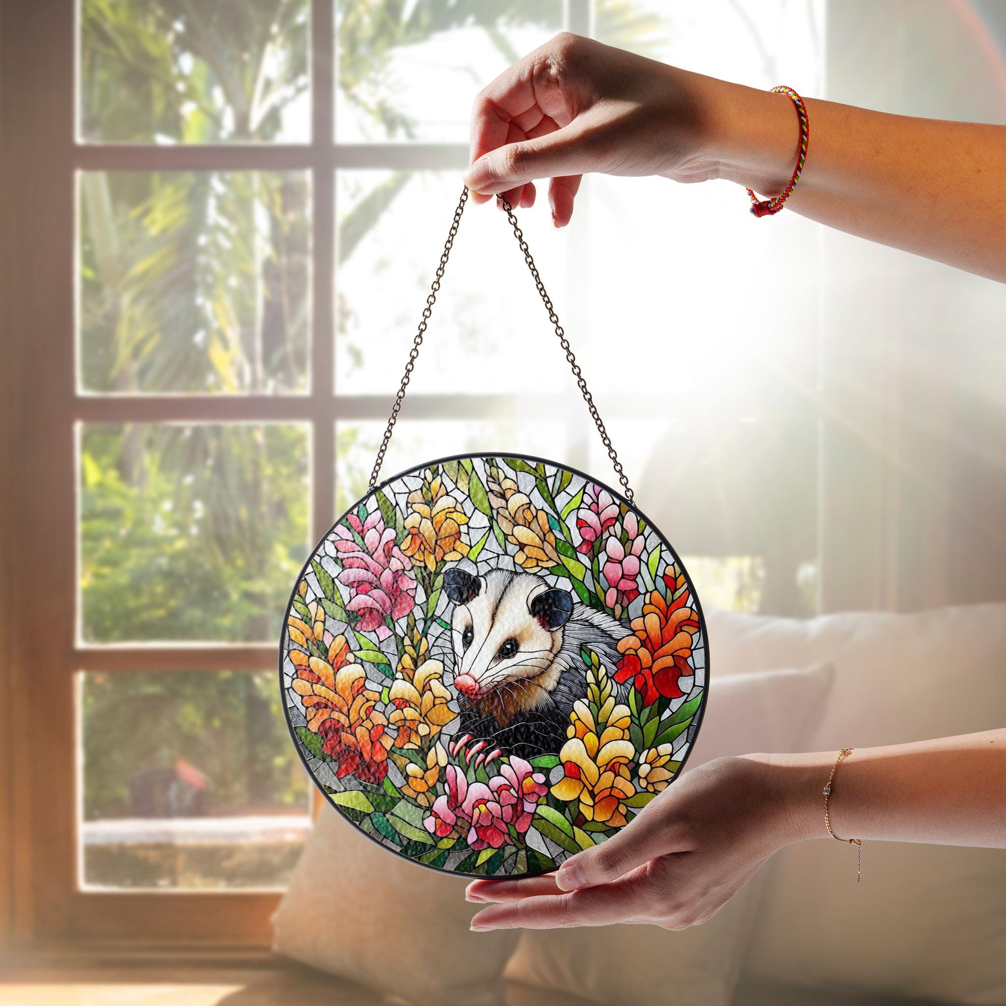 Opossum among snapdragon flowers GLASS Suncatcher Hanging, Cute opossum, opossum suncatcher hanging, snapdragon window hanging