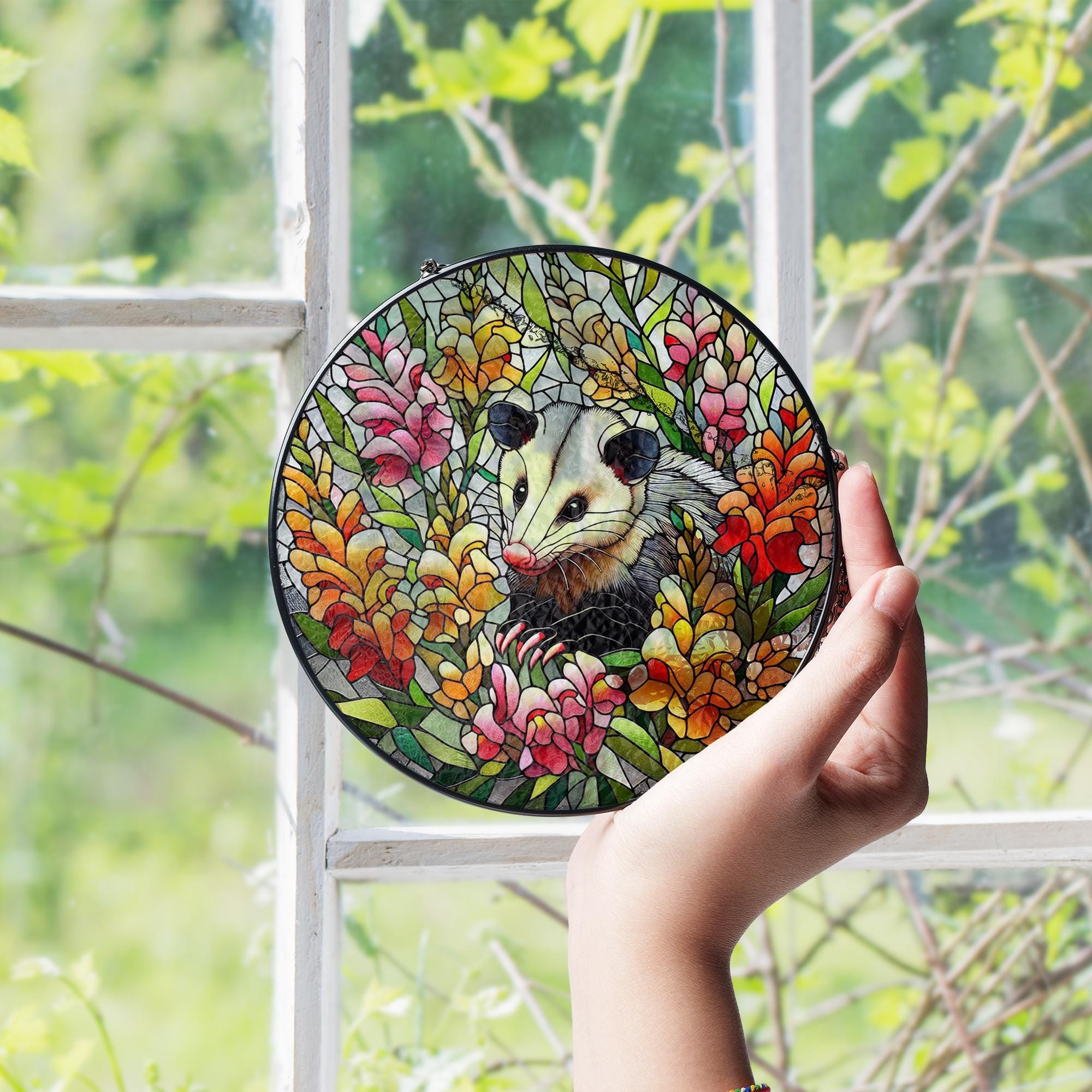 Opossum among snapdragon flowers GLASS Suncatcher Hanging, Cute opossum, opossum suncatcher hanging, snapdragon window hanging