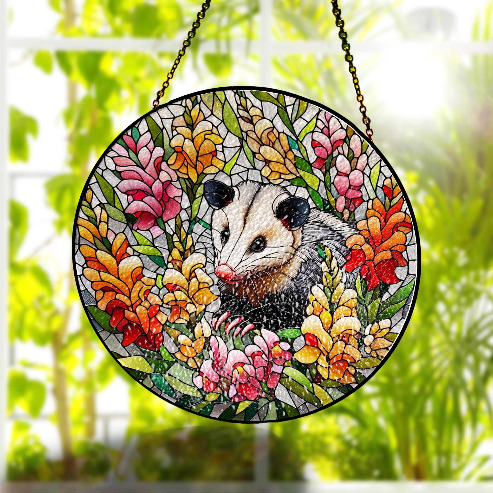 Opossum among snapdragon flowers GLASS Suncatcher Hanging, Cute opossum, opossum suncatcher hanging, snapdragon window hanging