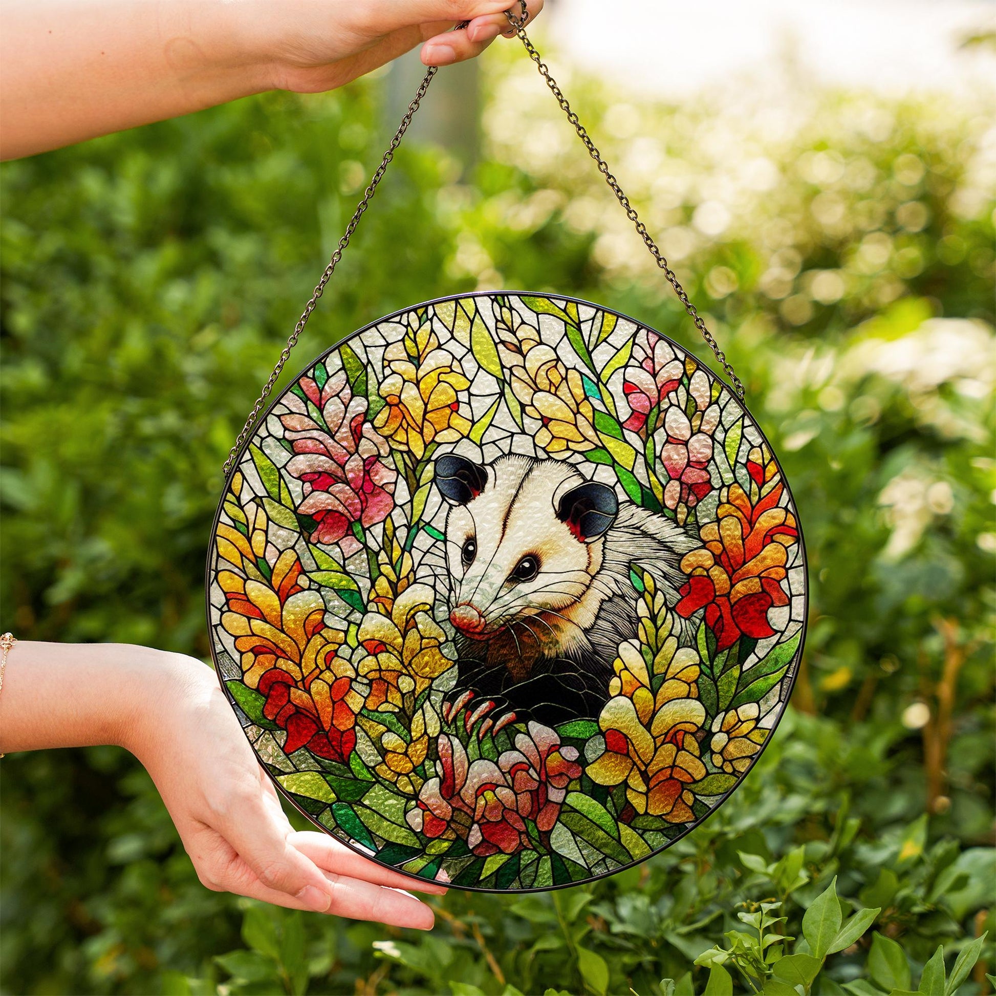 Opossum among snapdragon flowers GLASS Suncatcher Hanging, Cute opossum, opossum suncatcher hanging, snapdragon window hanging