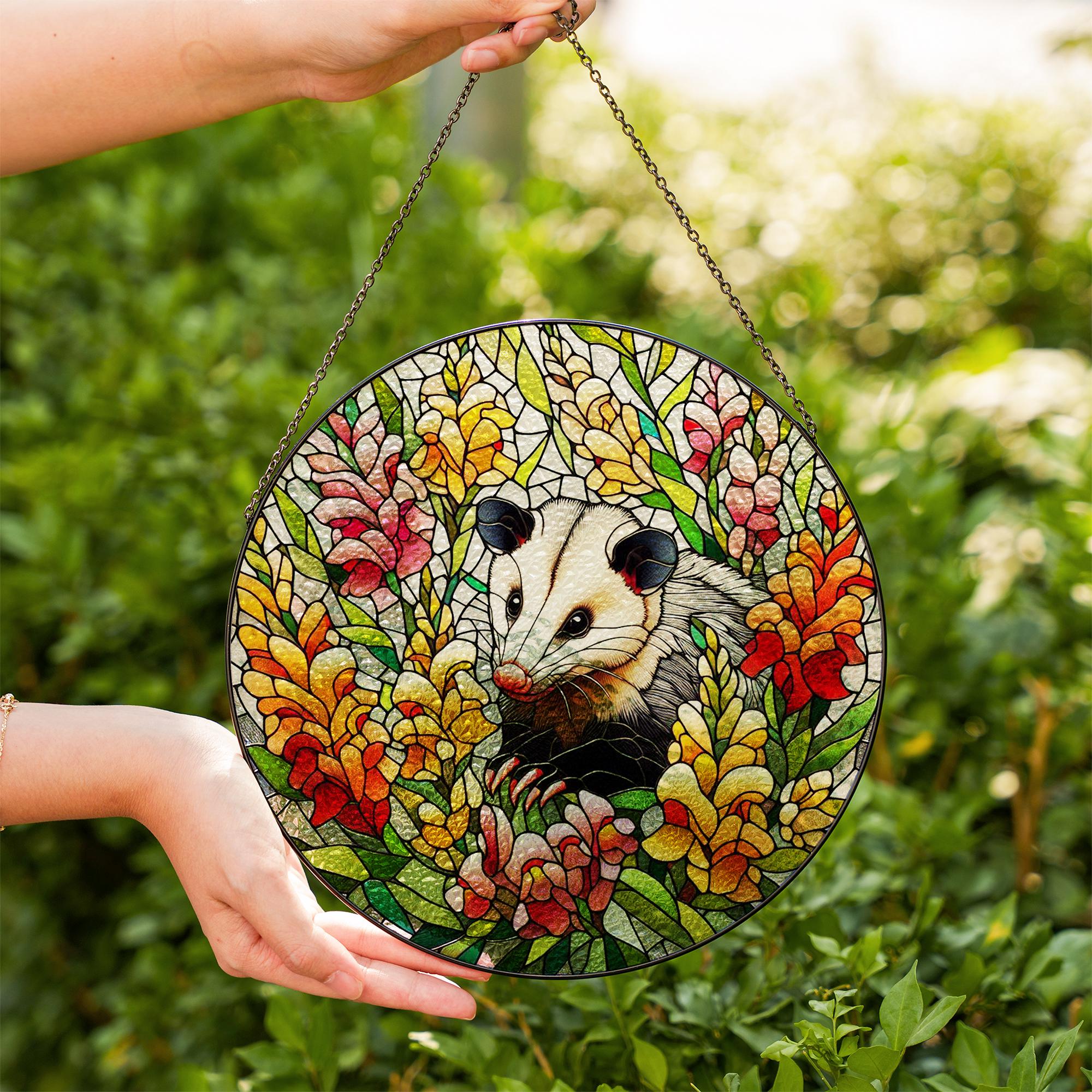 Opossum among snapdragon flowers GLASS Suncatcher Hanging, Cute opossum, opossum suncatcher hanging, snapdragon window hanging