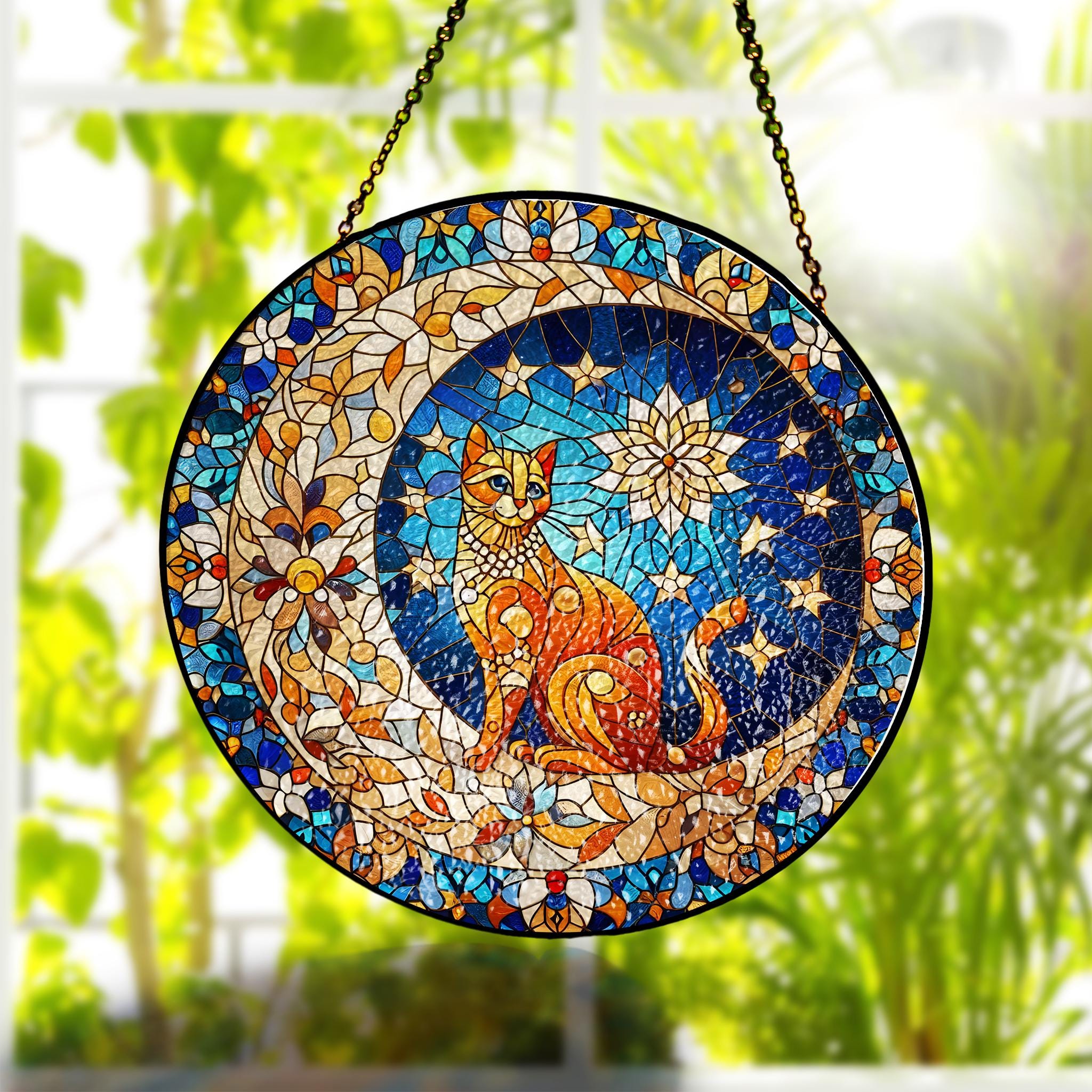 Orange Cat On Moon Glass Suncatcher Hanging Ornament, Crescent moon and cat Home Decor for Cat Lovers | Cat Mom Gift