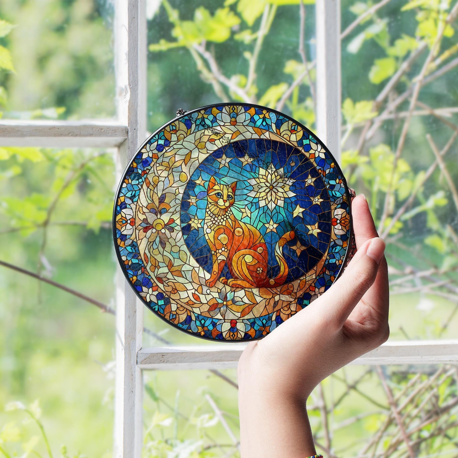 Orange Cat On Moon Glass Suncatcher Hanging Ornament, Crescent moon and cat Home Decor for Cat Lovers | Cat Mom Gift