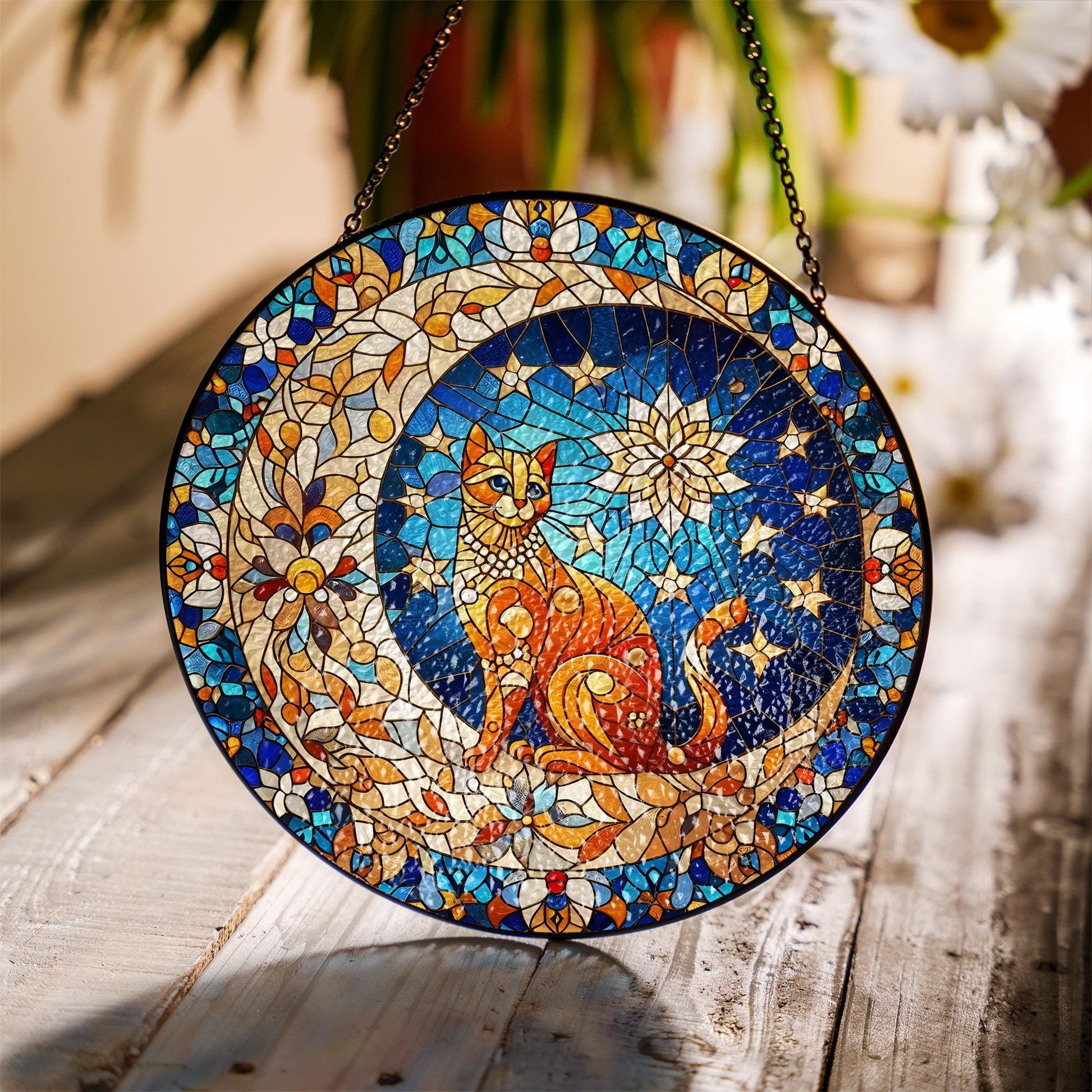 Orange Cat On Moon Glass Suncatcher Hanging Ornament, Crescent moon and cat Home Decor for Cat Lovers | Cat Mom Gift