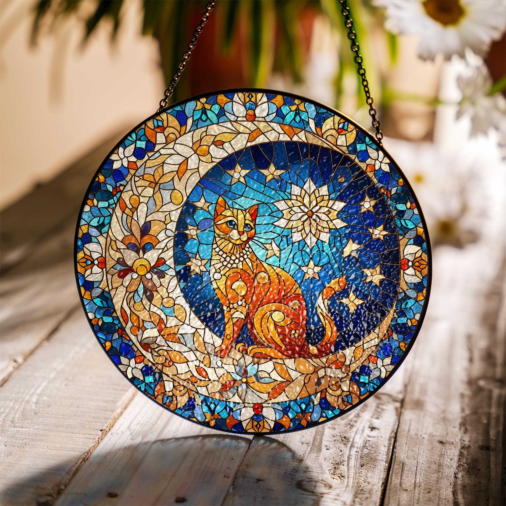 Orange Cat On Moon Glass Suncatcher Hanging Ornament, Crescent moon and cat Home Decor for Cat Lovers | Cat Mom Gift