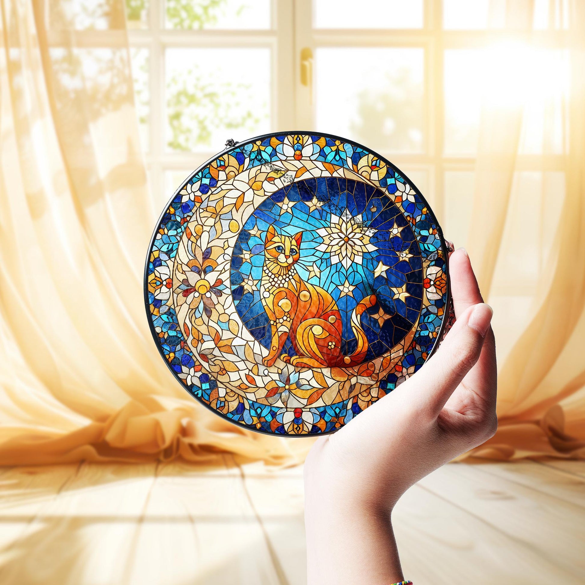Orange Cat On Moon Glass Suncatcher Hanging Ornament, Crescent moon and cat Home Decor for Cat Lovers | Cat Mom Gift