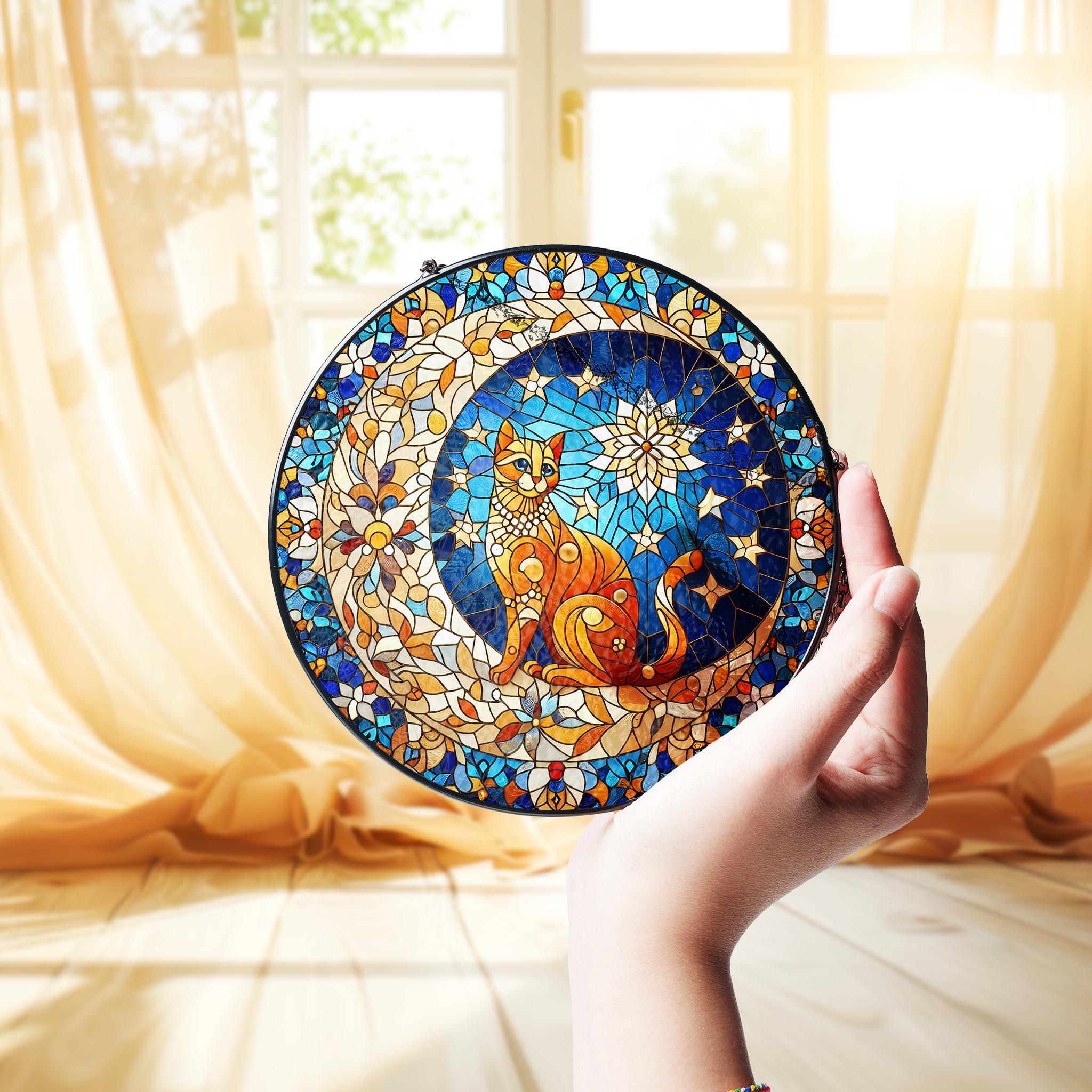 Orange Cat On Moon Glass Suncatcher Hanging Ornament, Crescent moon and cat Home Decor for Cat Lovers | Cat Mom Gift