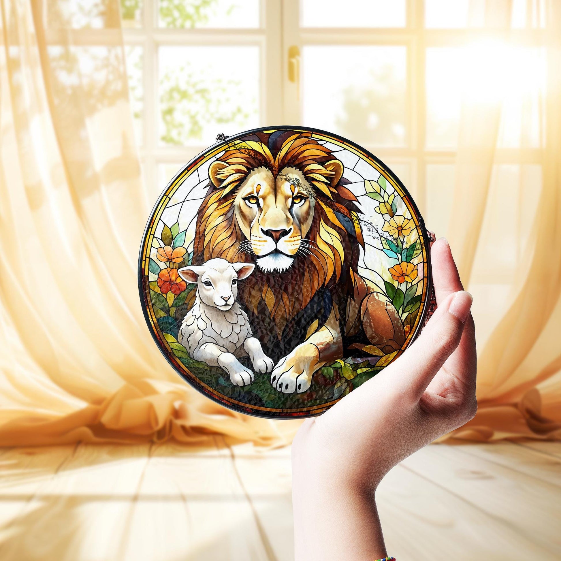 Jesus Lion of Judah Glass Suncatcher, Lion and lamb, Christian Art Suncatcher, God Art Sign, Christian Gift, Catholic Glass hanging