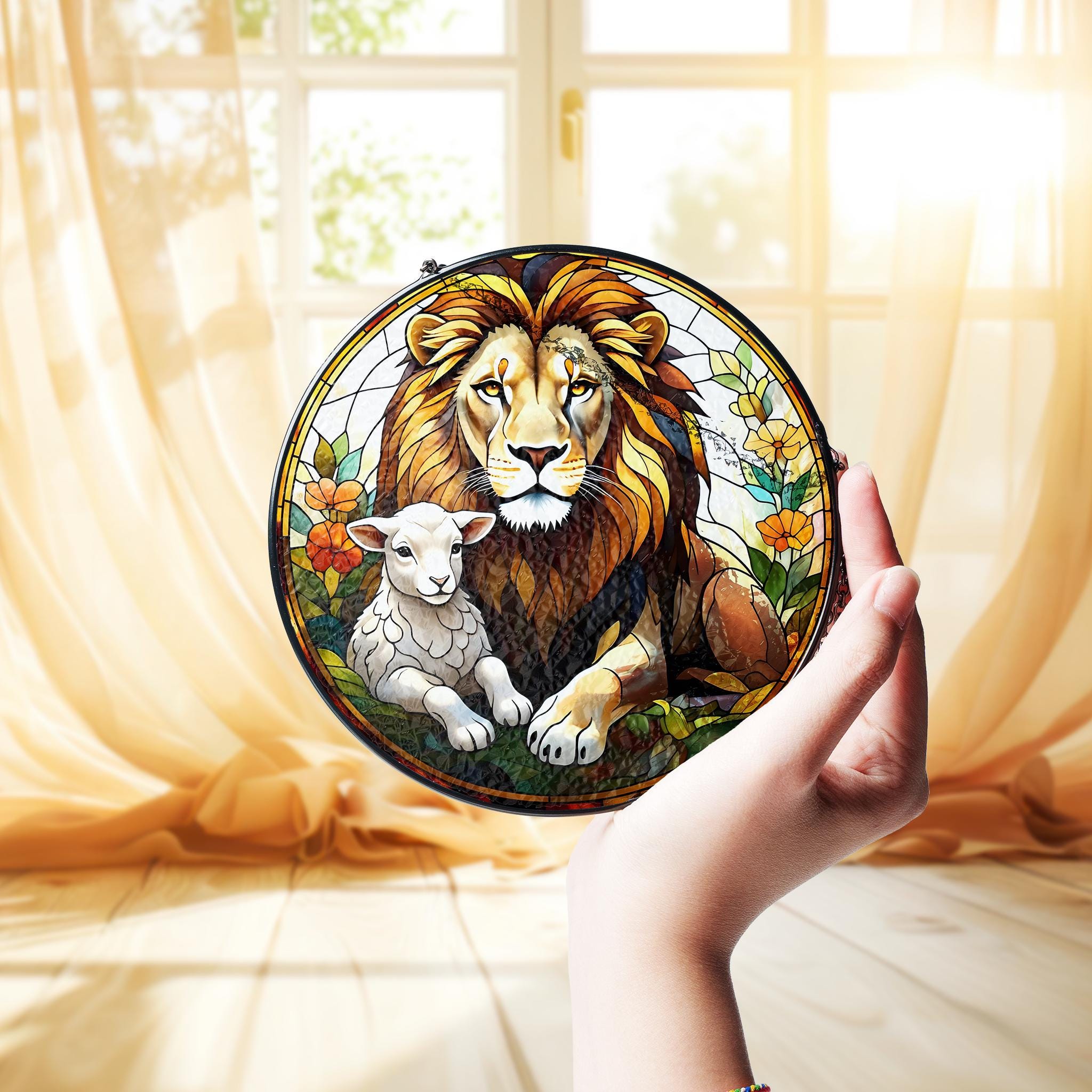 Jesus Lion of Judah Glass Suncatcher, Lion and lamb, Christian Art Suncatcher, God Art Sign, Christian Gift, Catholic Glass hanging