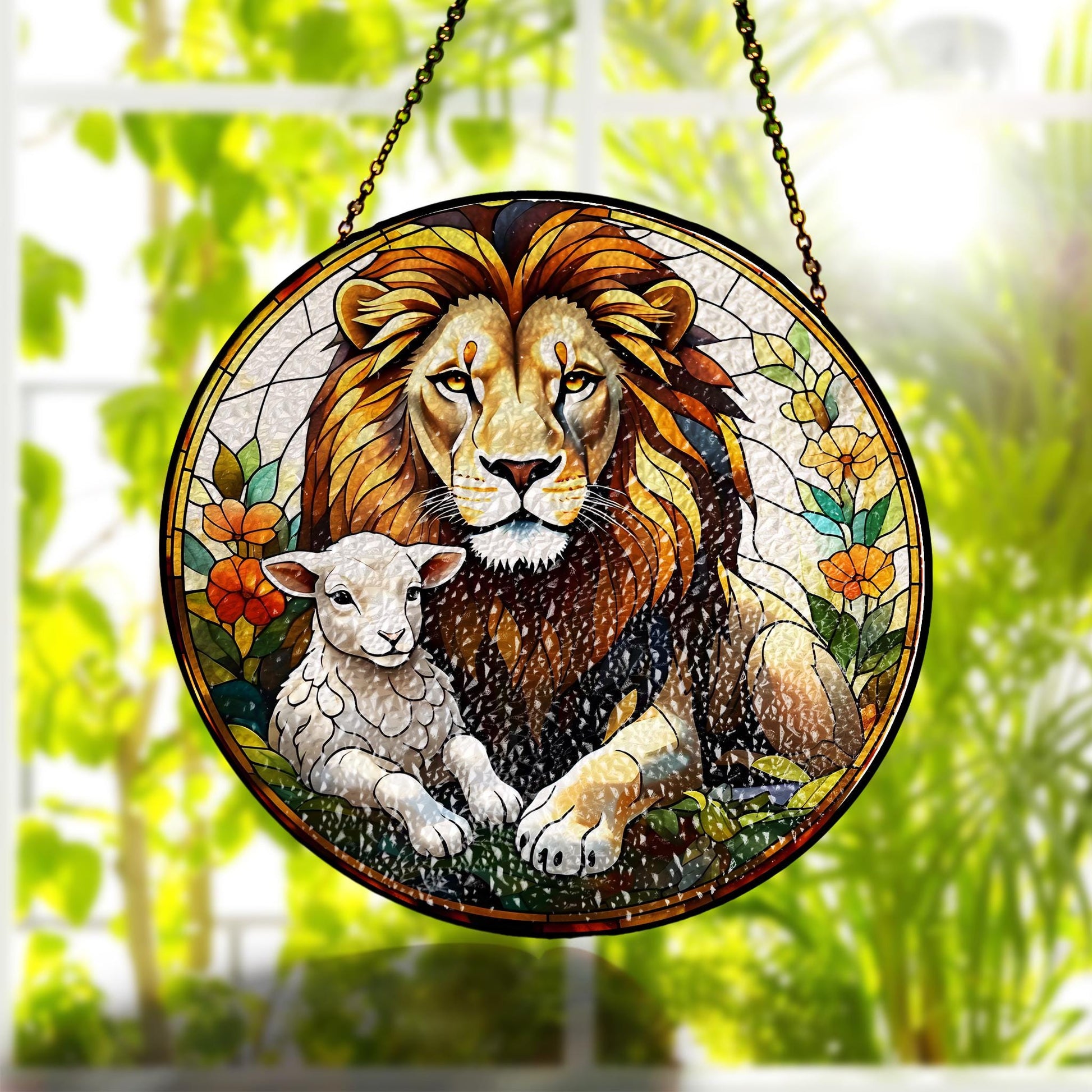 Jesus Lion of Judah Glass Suncatcher, Lion and lamb, Christian Art Suncatcher, God Art Sign, Christian Gift, Catholic Glass hanging