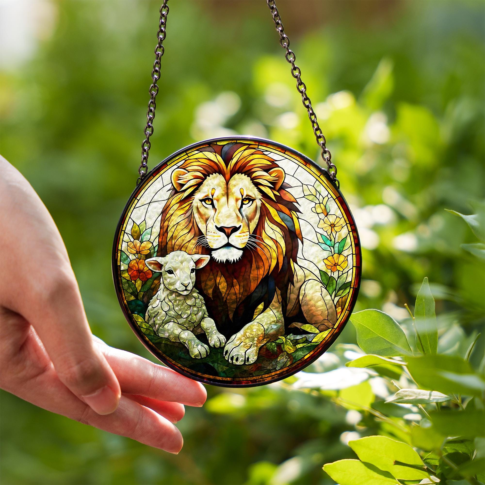 Jesus Lion of Judah Glass Suncatcher, Lion and lamb, Christian Art Suncatcher, God Art Sign, Christian Gift, Catholic Glass hanging