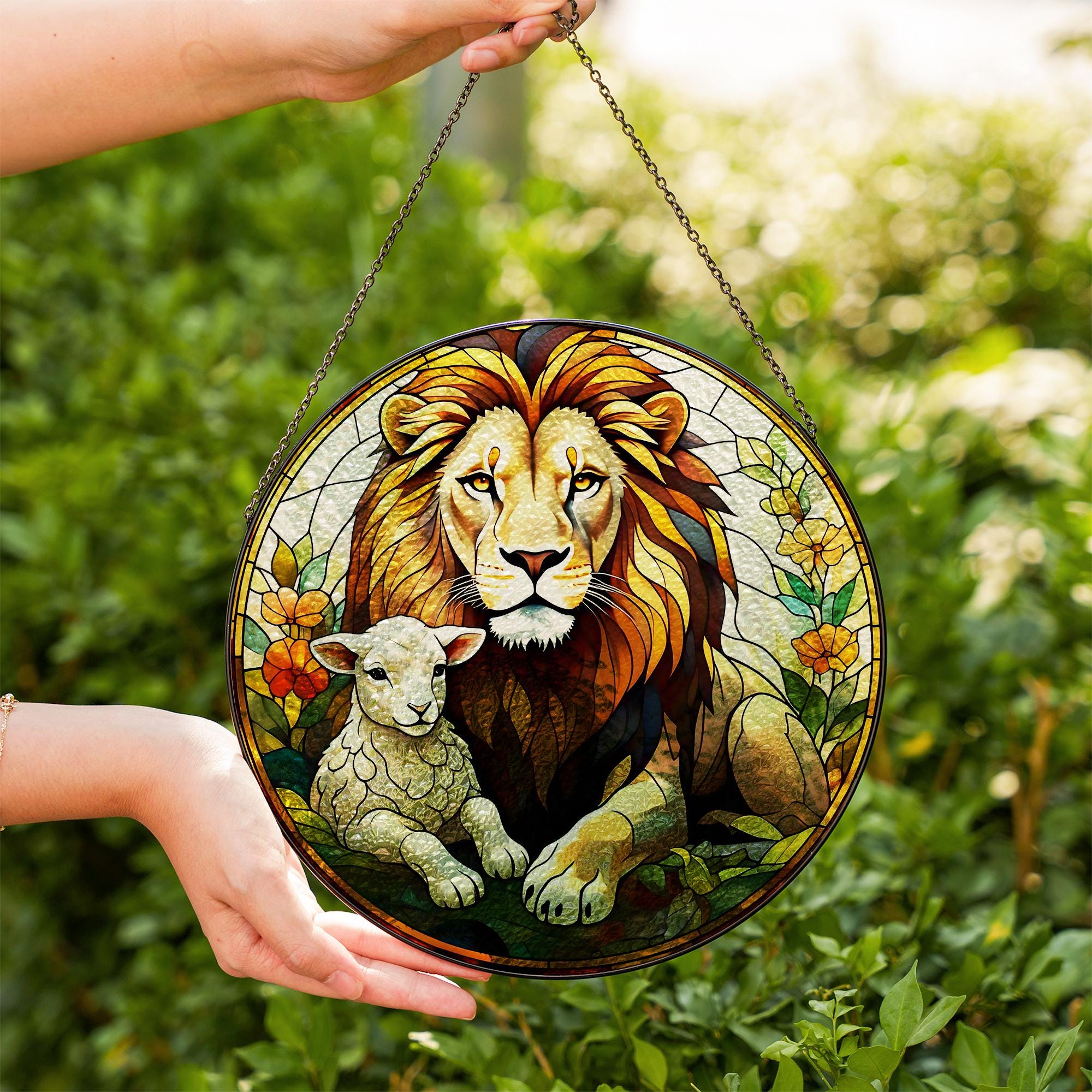 Jesus Lion of Judah Glass Suncatcher, Lion and lamb, Christian Art Suncatcher, God Art Sign, Christian Gift, Catholic Glass hanging