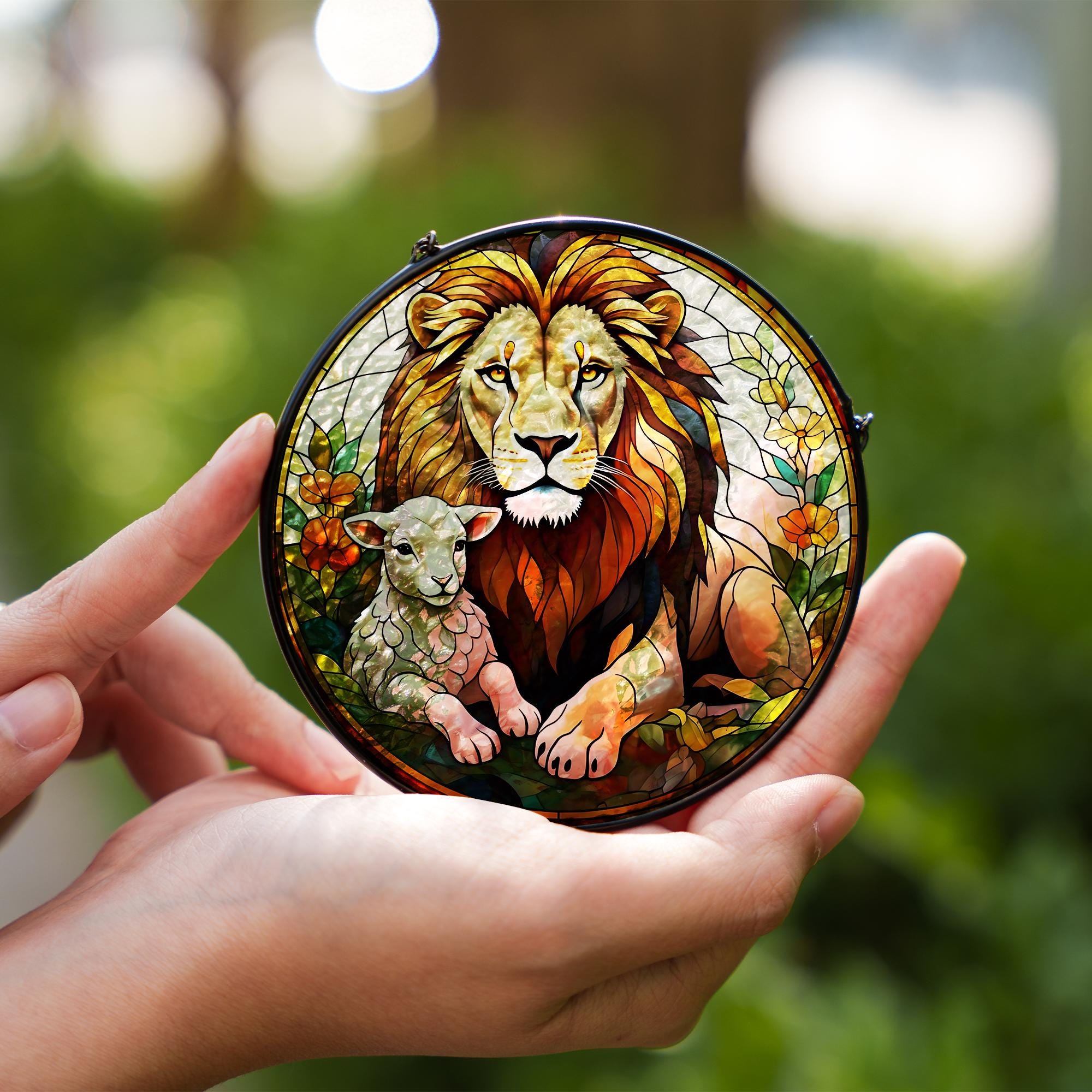 Jesus Lion of Judah Glass Suncatcher, Lion and lamb, Christian Art Suncatcher, God Art Sign, Christian Gift, Catholic Glass hanging