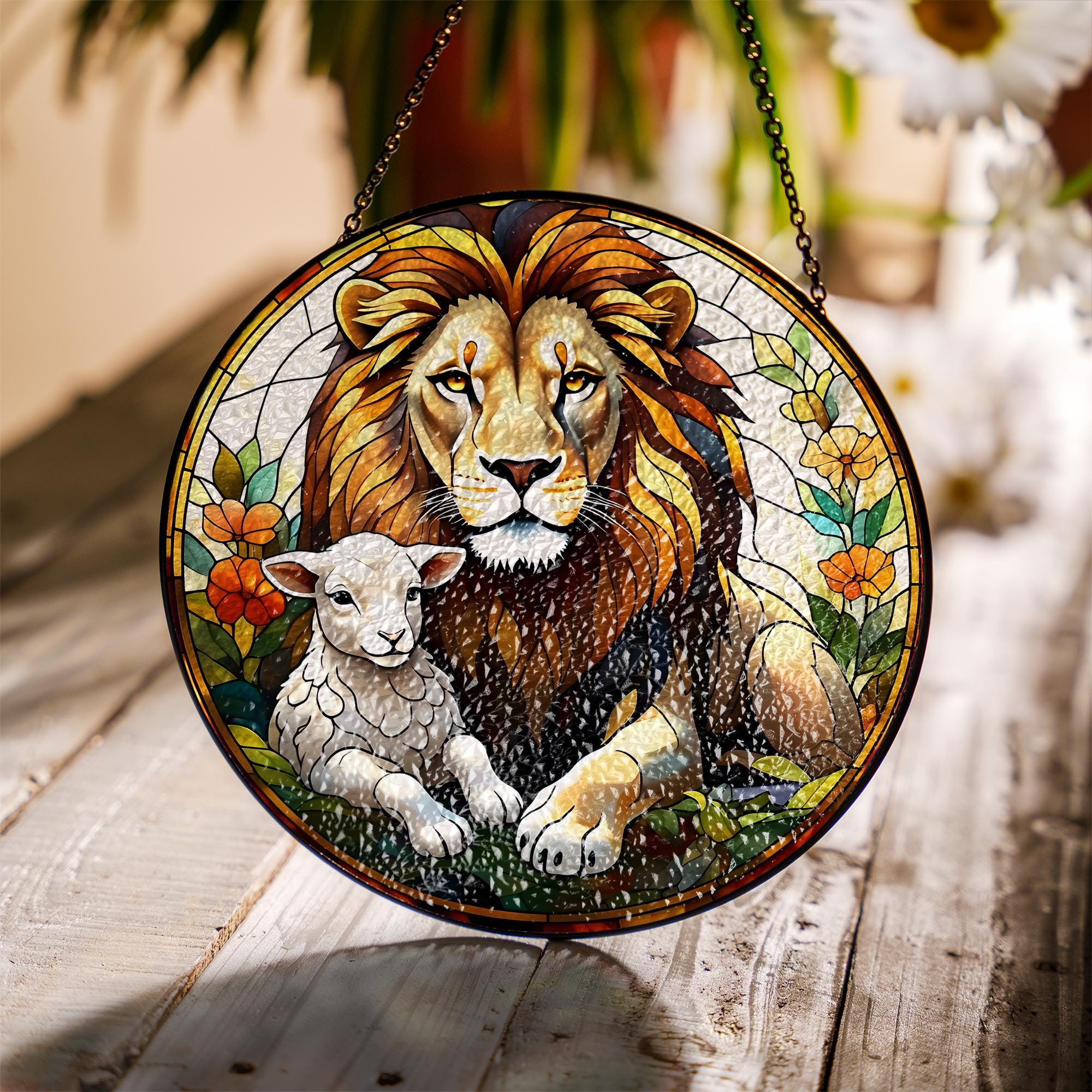 Jesus Lion of Judah Glass Suncatcher, Lion and lamb, Christian Art Suncatcher, God Art Sign, Christian Gift, Catholic Glass hanging
