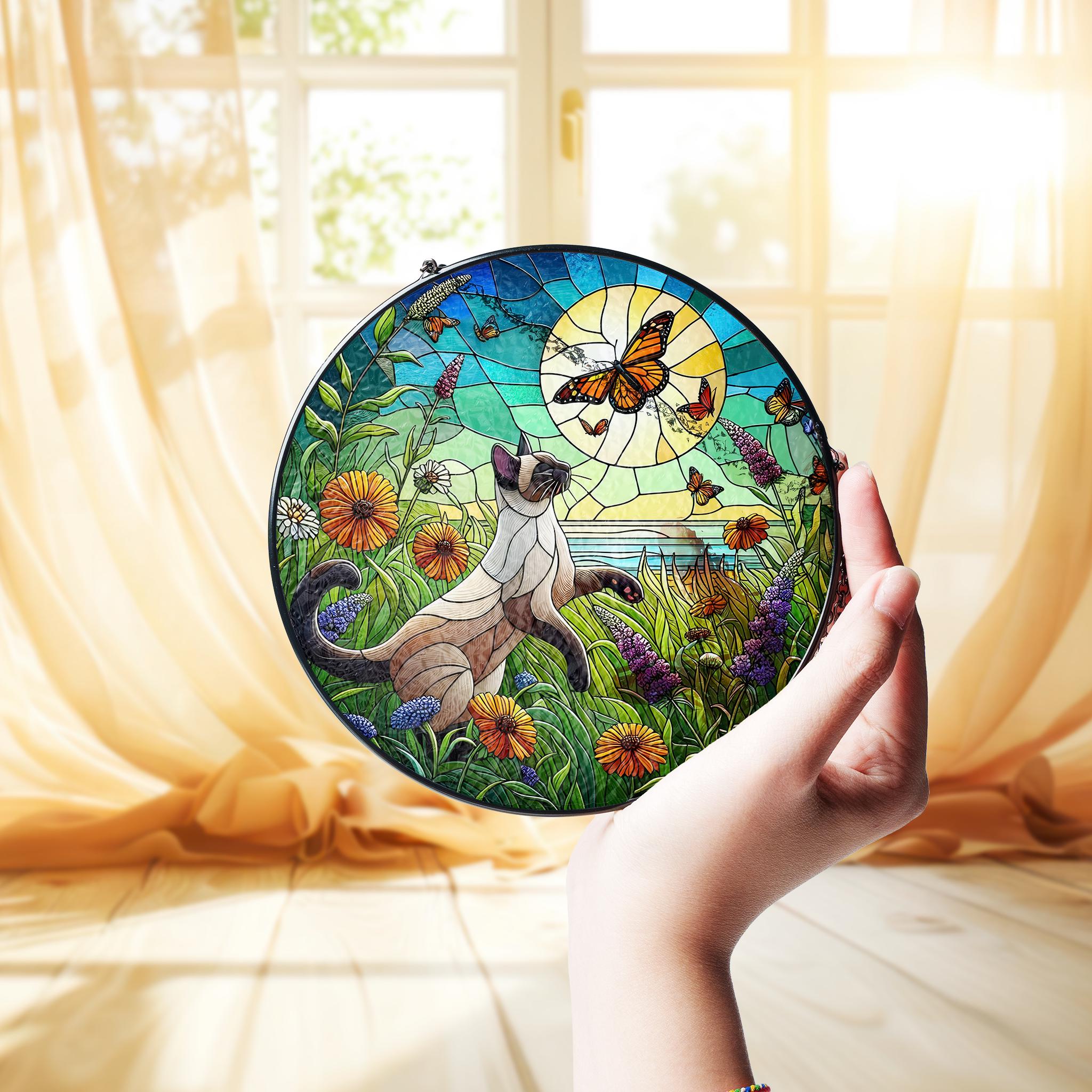 Siamese cat plays in wildflowers field GLASS suncatcher Hanging, siamese cat glass hanging, wildflowers Suncatcher, monarch suncatcher