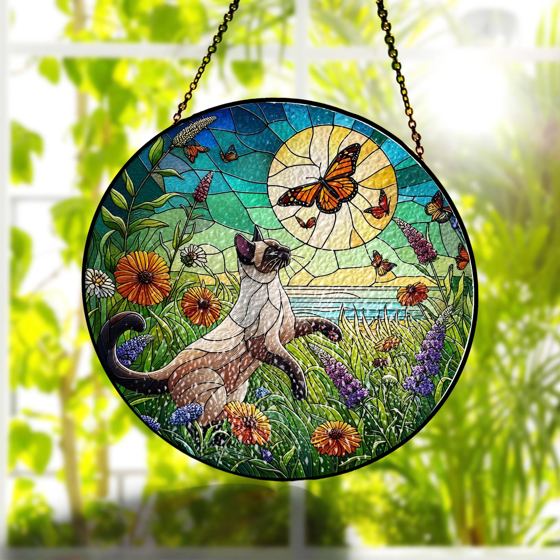 Siamese cat plays in wildflowers field GLASS suncatcher Hanging, siamese cat glass hanging, wildflowers Suncatcher, monarch suncatcher