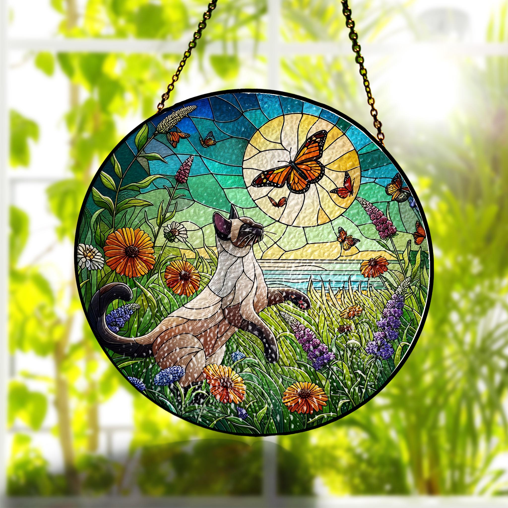 Siamese cat plays in wildflowers field GLASS suncatcher Hanging, siamese cat glass hanging, wildflowers Suncatcher, monarch suncatcher