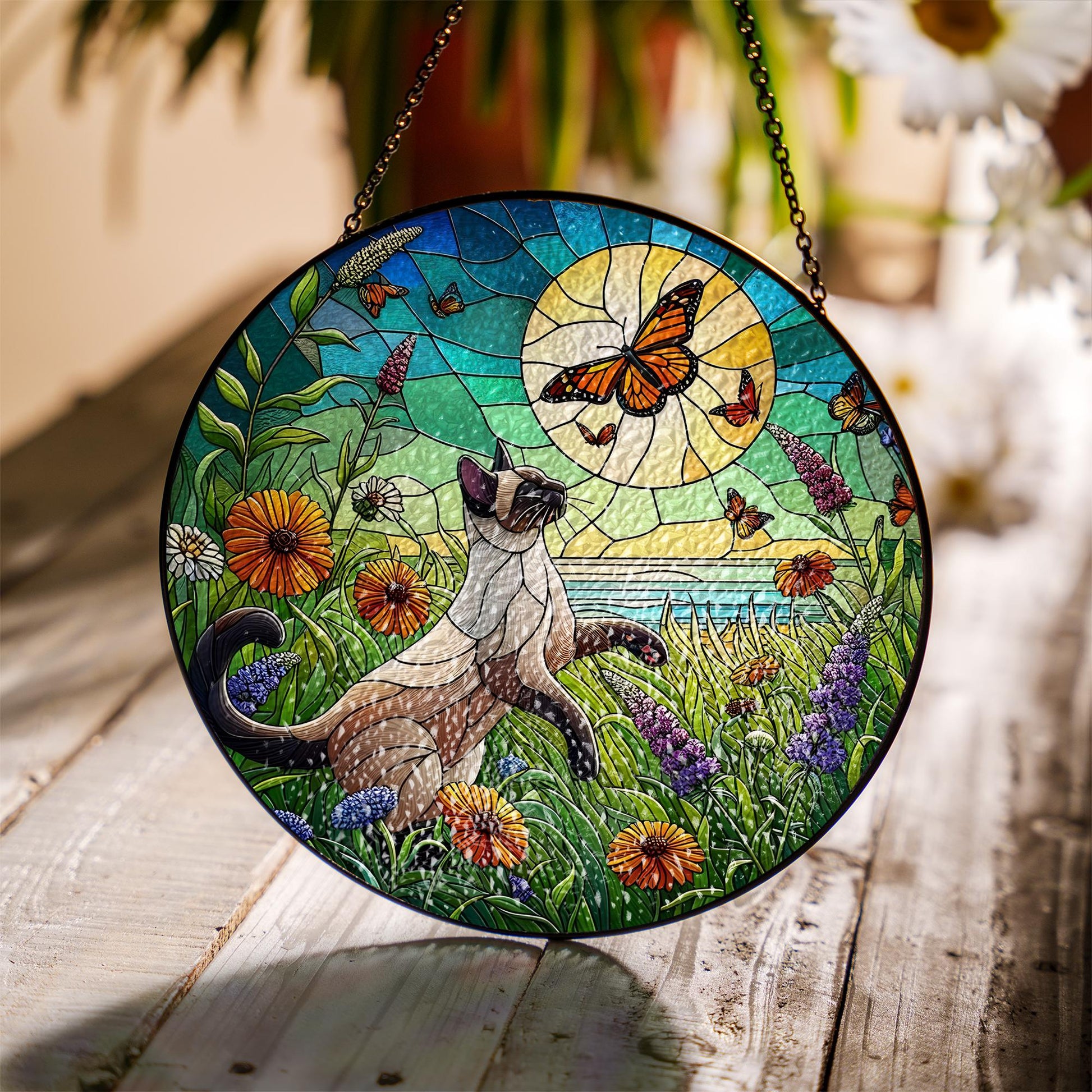 Siamese cat plays in wildflowers field GLASS suncatcher Hanging, siamese cat glass hanging, wildflowers Suncatcher, monarch suncatcher