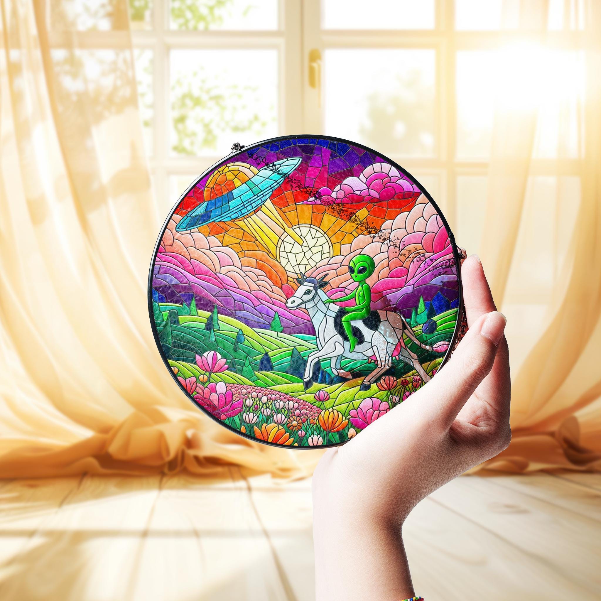 Funny Alien riding cow Wildflowers Glass Hanigng- Funny Gifts for Women, dreamy Window Hanging, Indoor Decor, Ufo suncatcher
