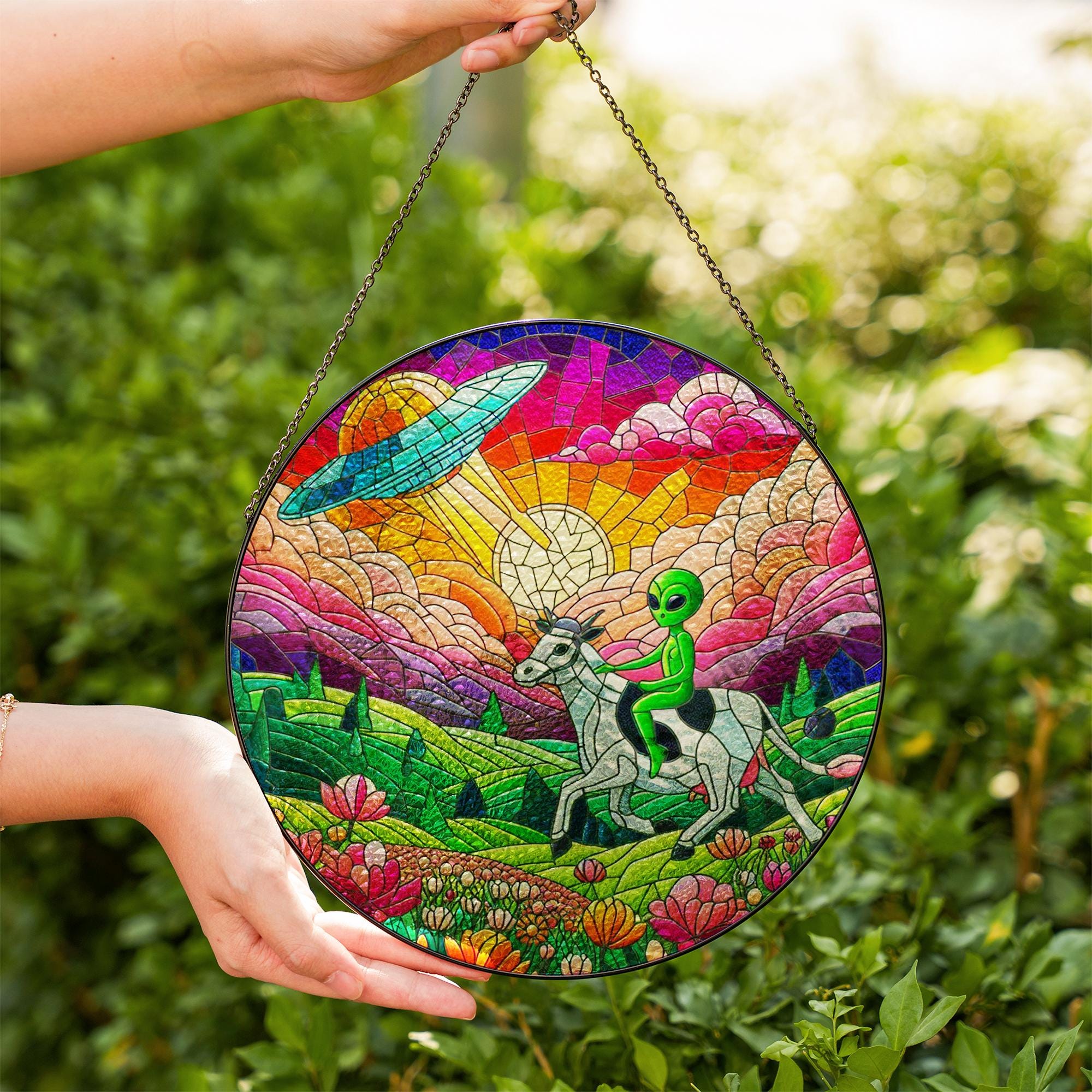 Funny Alien riding cow Wildflowers Glass Hanigng- Funny Gifts for Women, dreamy Window Hanging, Indoor Decor, Ufo suncatcher