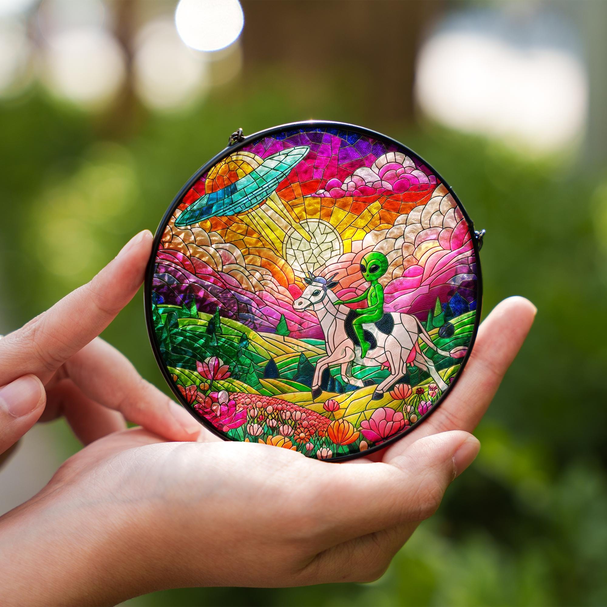 Funny Alien riding cow Wildflowers Glass Hanigng- Funny Gifts for Women, dreamy Window Hanging, Indoor Decor, Ufo suncatcher