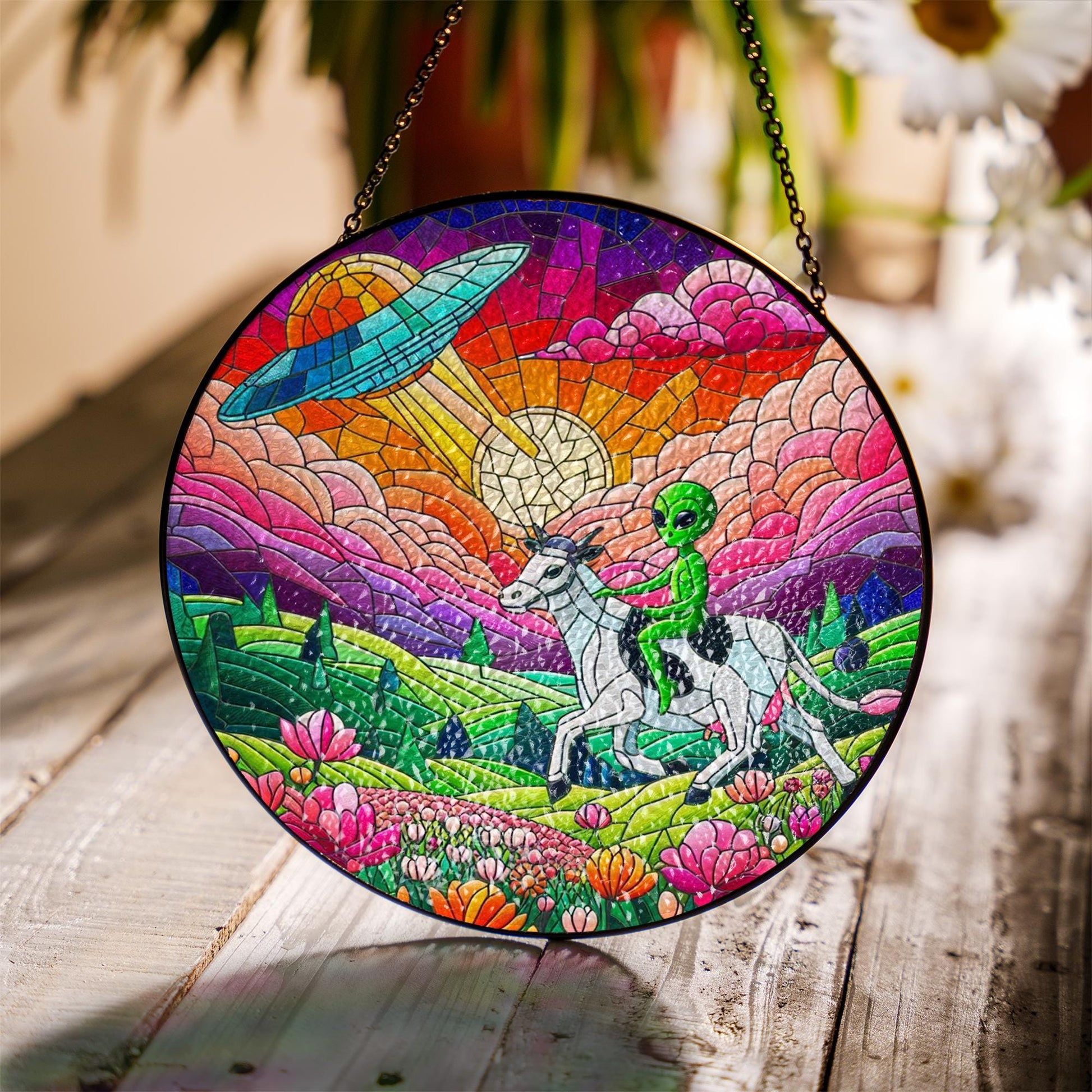 Funny Alien riding cow Wildflowers Glass Hanigng- Funny Gifts for Women, dreamy Window Hanging, Indoor Decor, Ufo suncatcher