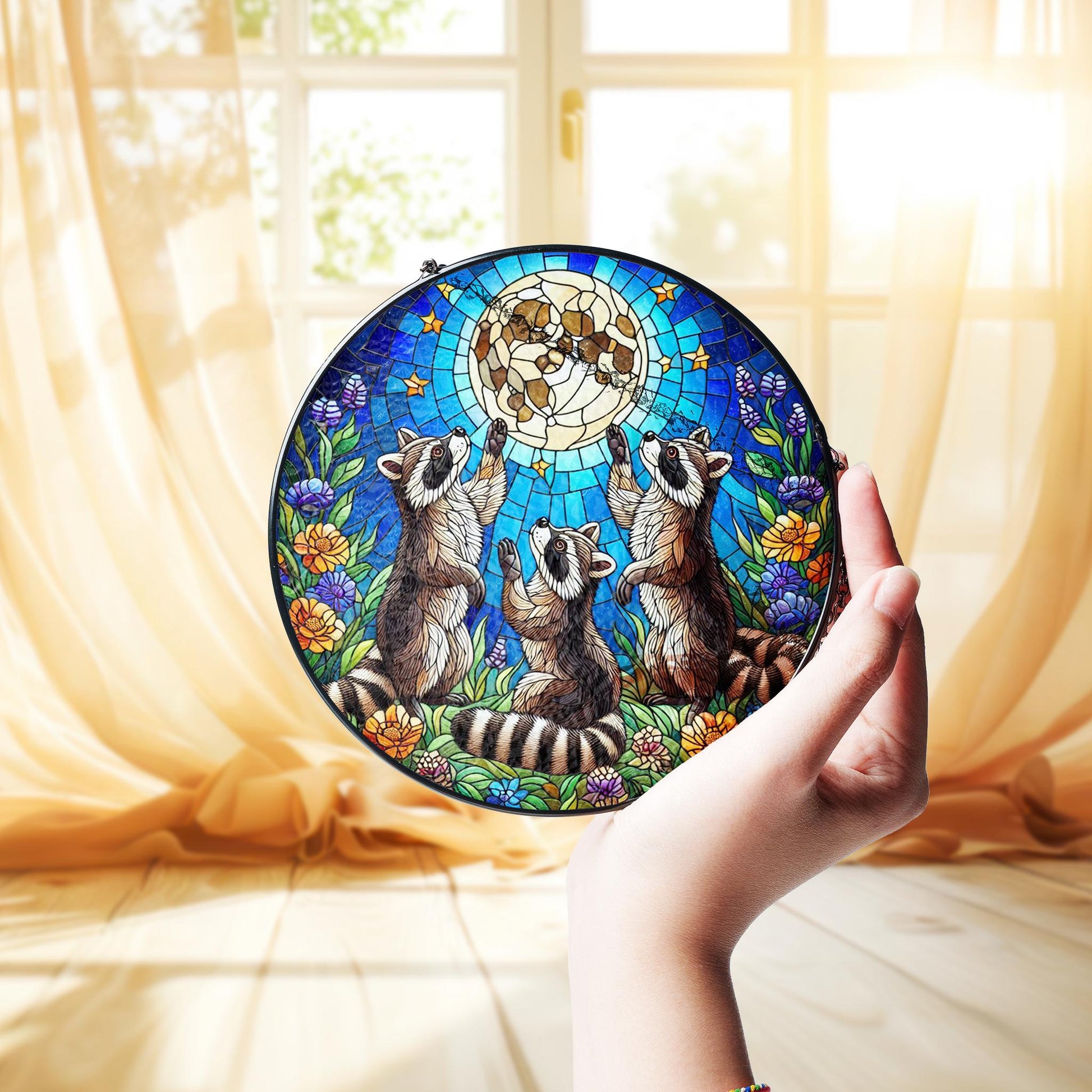Three raccoons reaching to full moon Glass Hanigng- Funny Gifts for Women, Window Hanging suncatcher, Indoor Decor, Raccoon lover gift