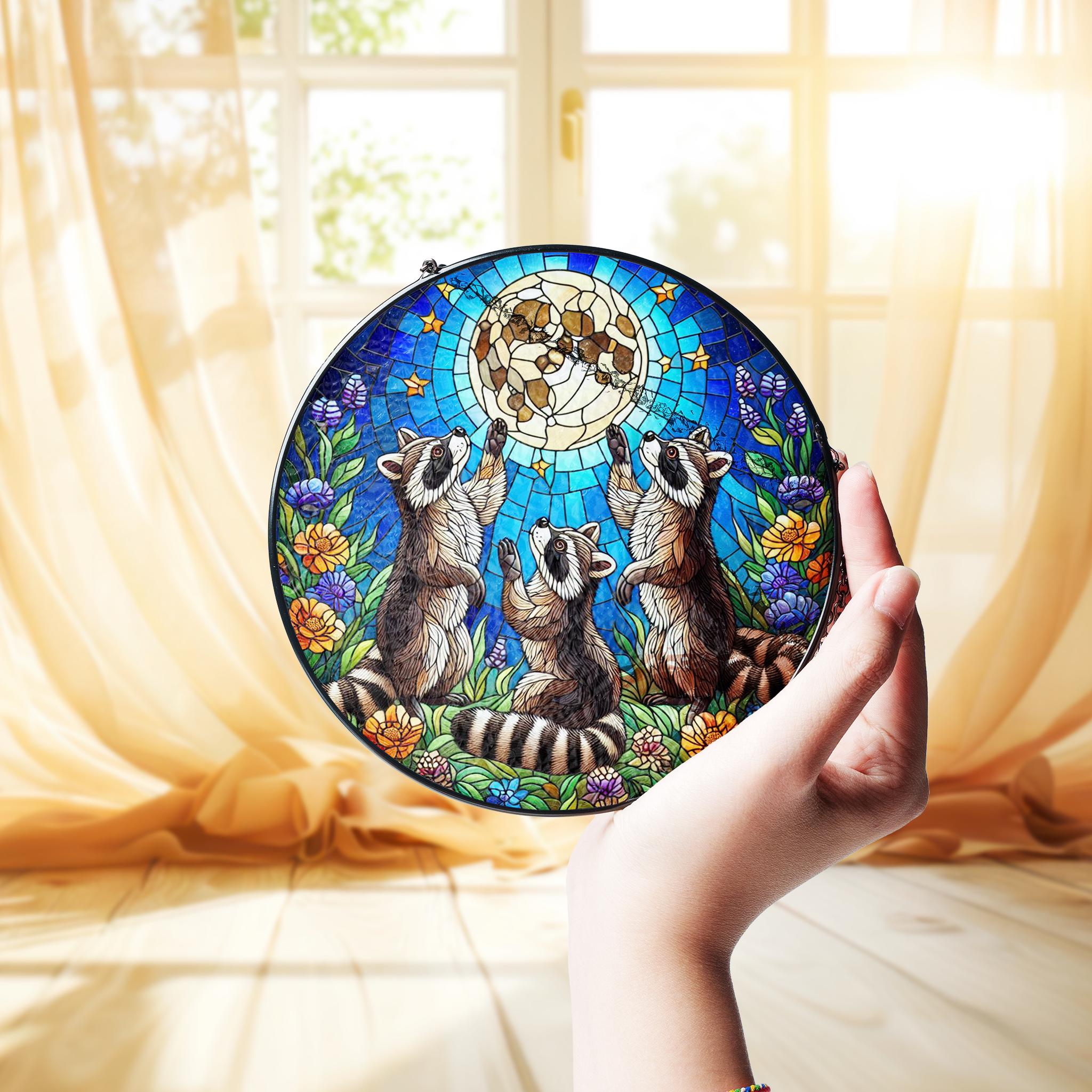 Three raccoons reaching to full moon Glass Hanigng- Funny Gifts for Women, Window Hanging suncatcher, Indoor Decor, Raccoon lover gift