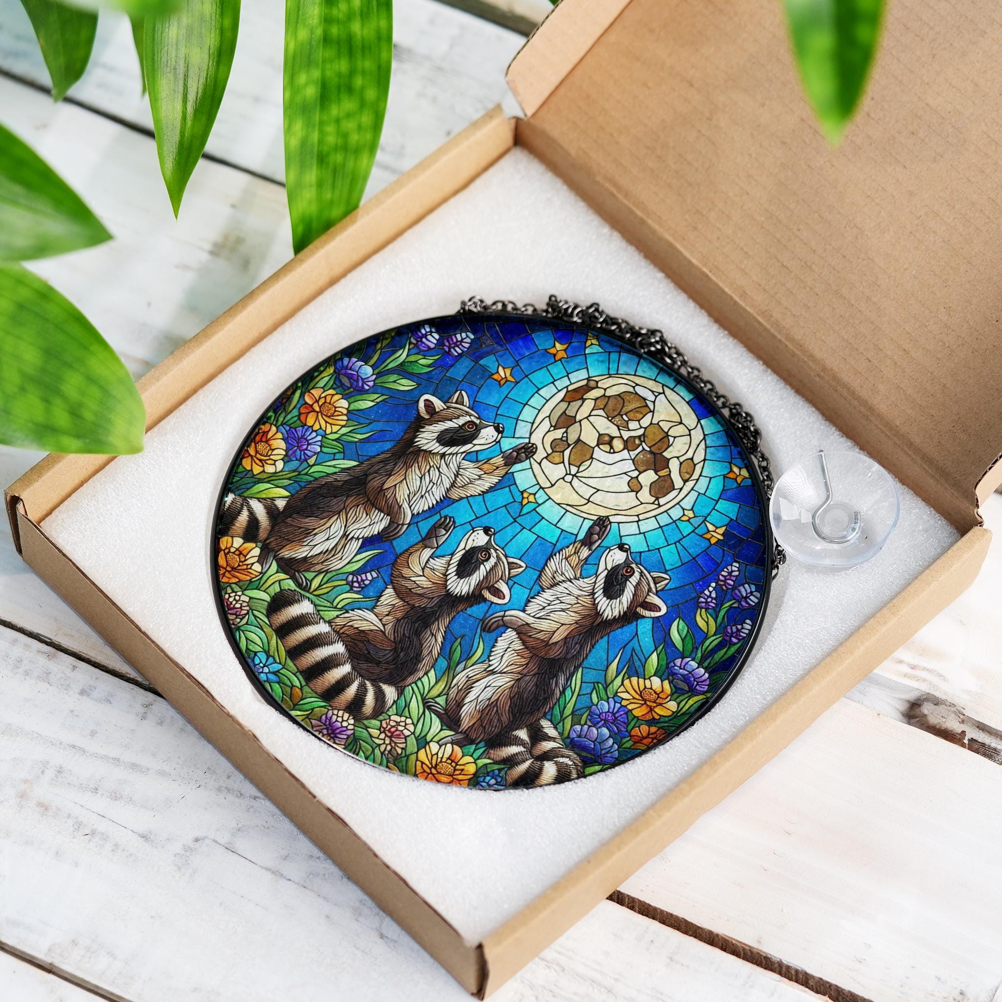Three raccoons reaching to full moon Glass Hanigng- Funny Gifts for Women, Window Hanging suncatcher, Indoor Decor, Raccoon lover gift
