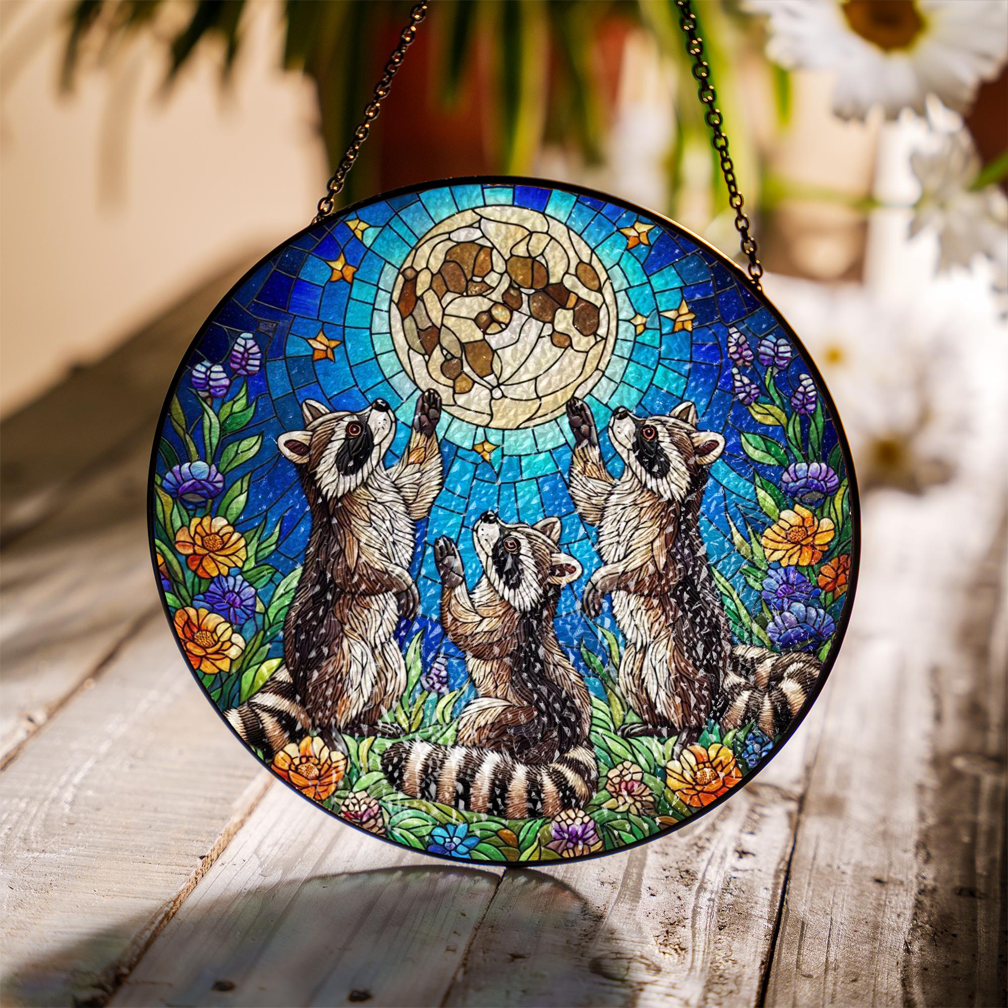 Three raccoons reaching to full moon Glass Hanigng- Funny Gifts for Women, Window Hanging suncatcher, Indoor Decor, Raccoon lover gift