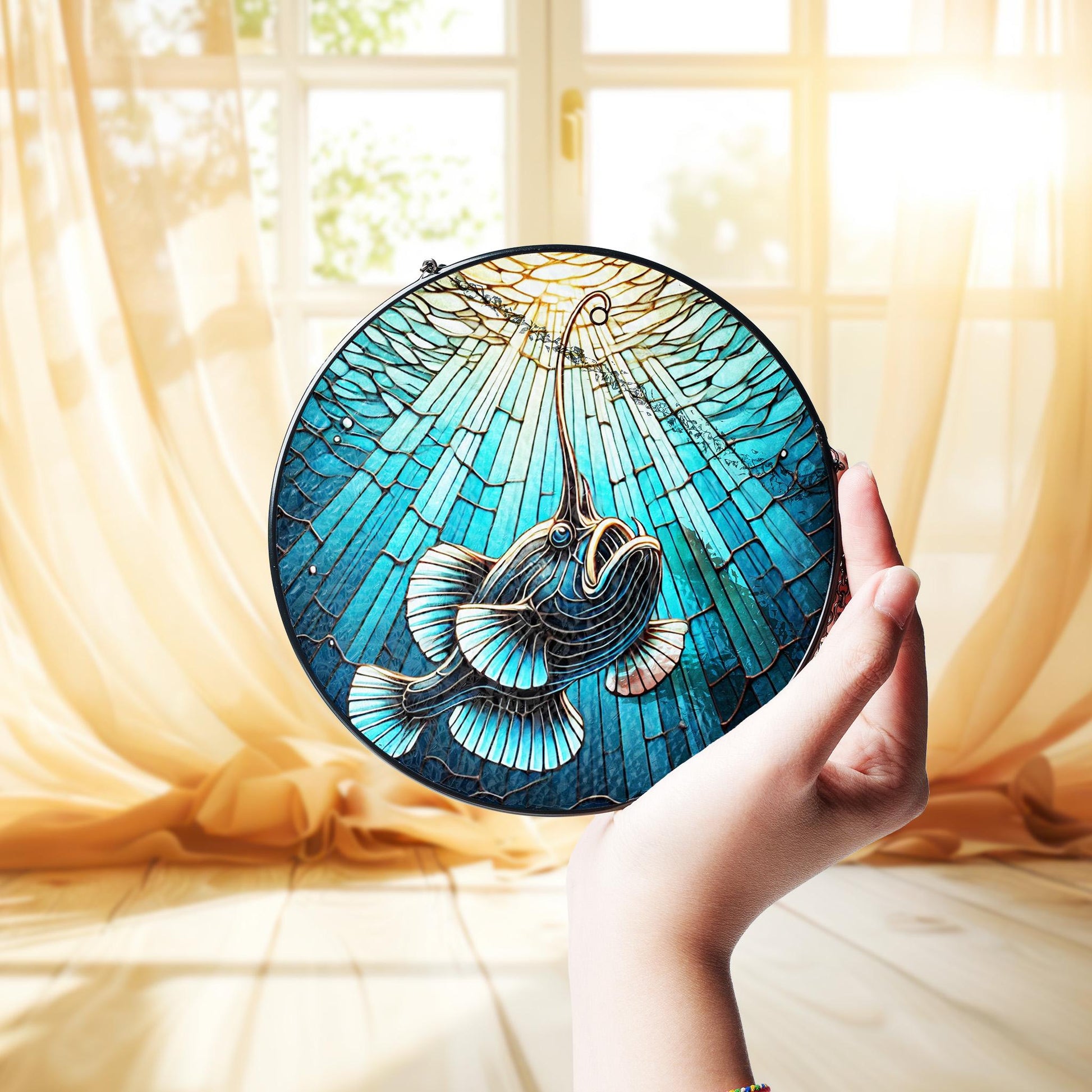 Angler Fish Glass Suncatcher, Unique Anglerfish Window Art, Deep Ocean Decor for Home, Sea Monster Gift for Ocean Lovers