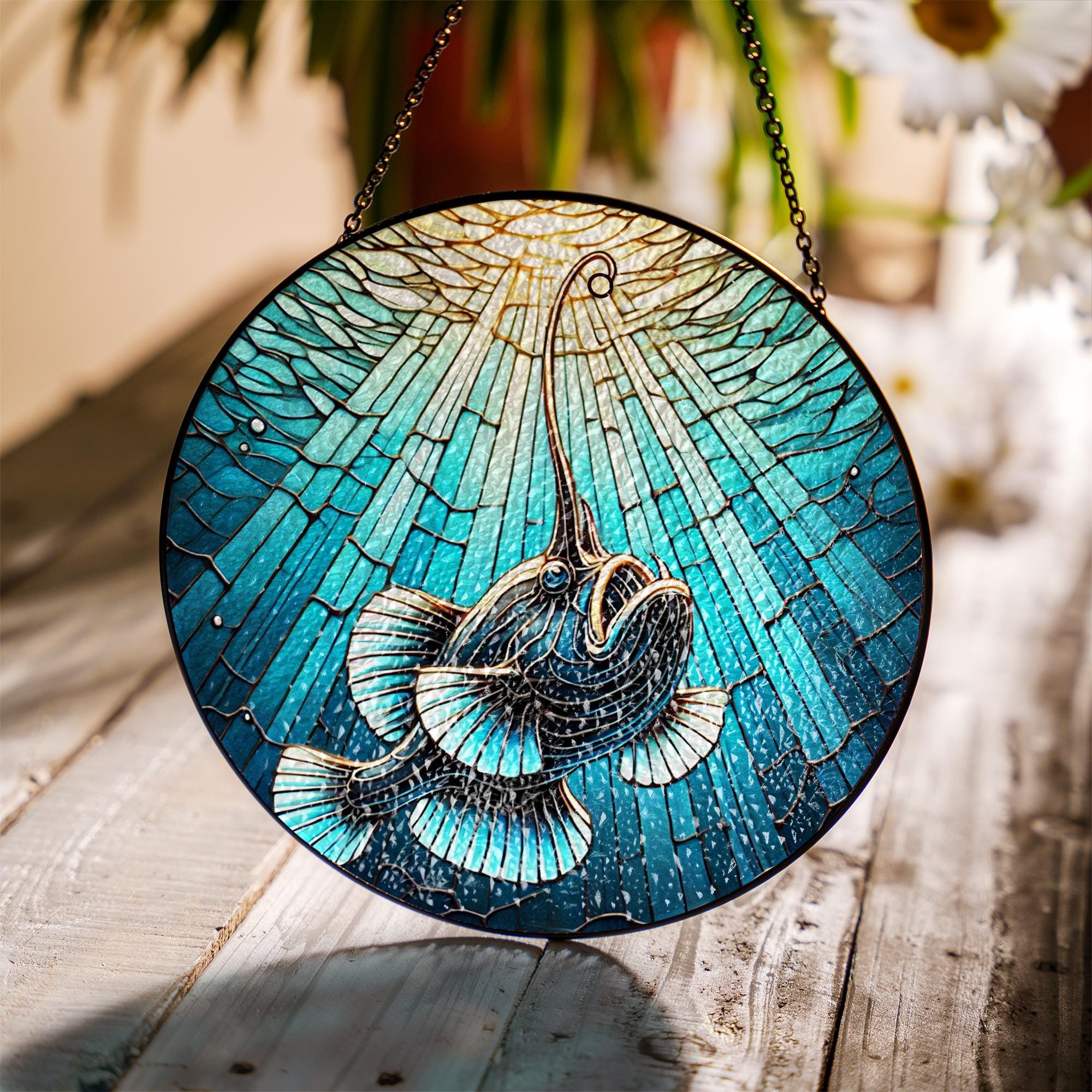 Angler Fish Glass Suncatcher, Unique Anglerfish Window Art, Deep Ocean Decor for Home, Sea Monster Gift for Ocean Lovers