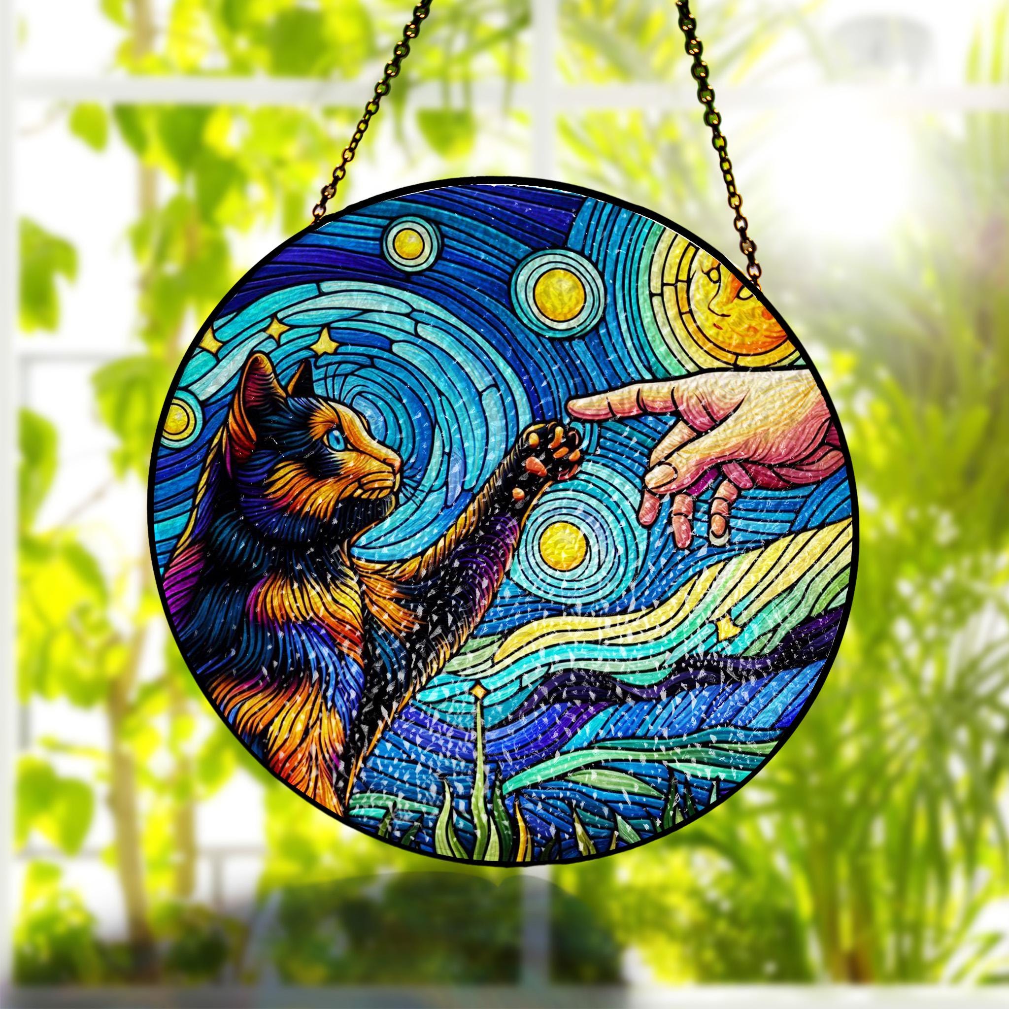 Tortoiseshell cat touching human hand GLASS suncatcher Hanging, Tortoiseshell cat glass hanging, starry night Suncatcher, memorial gift