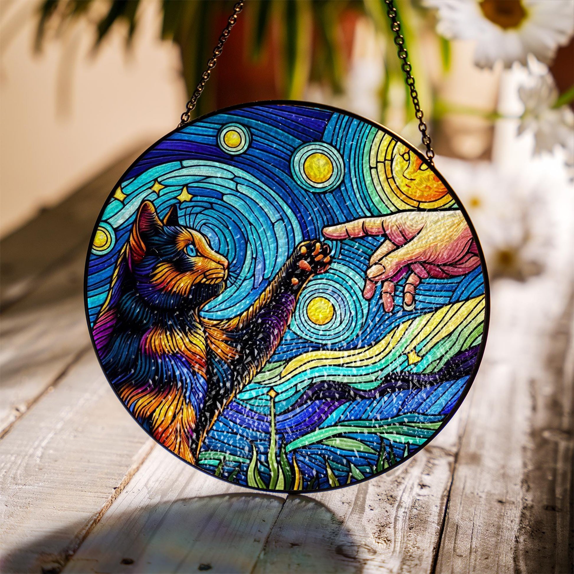 Tortoiseshell cat touching human hand GLASS suncatcher Hanging, Tortoiseshell cat glass hanging, starry night Suncatcher, memorial gift
