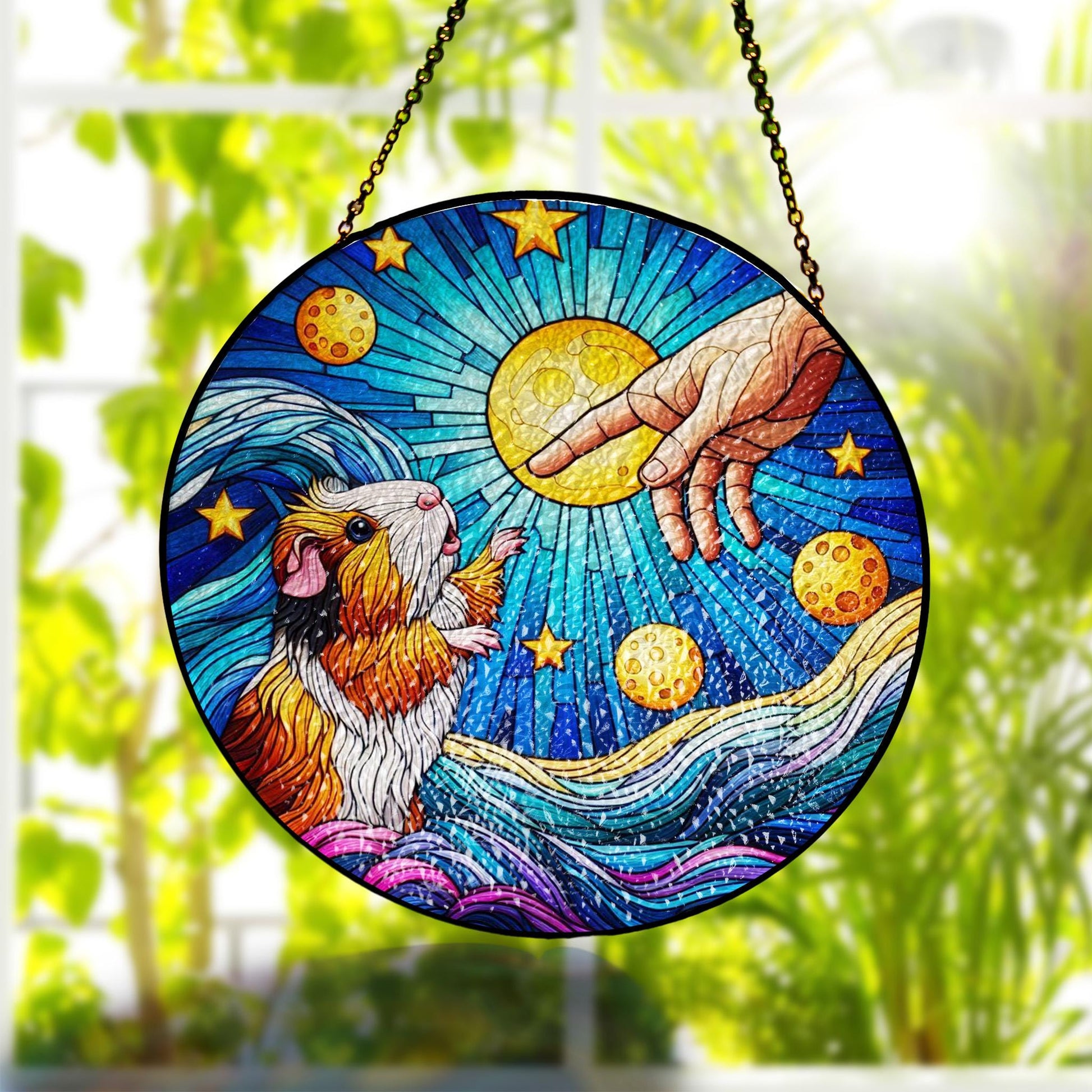 Guinea Pig touching human hand GLASS suncatcher Hanging, Guinea pig glass hanging, starry night Suncatcher, memorial gift