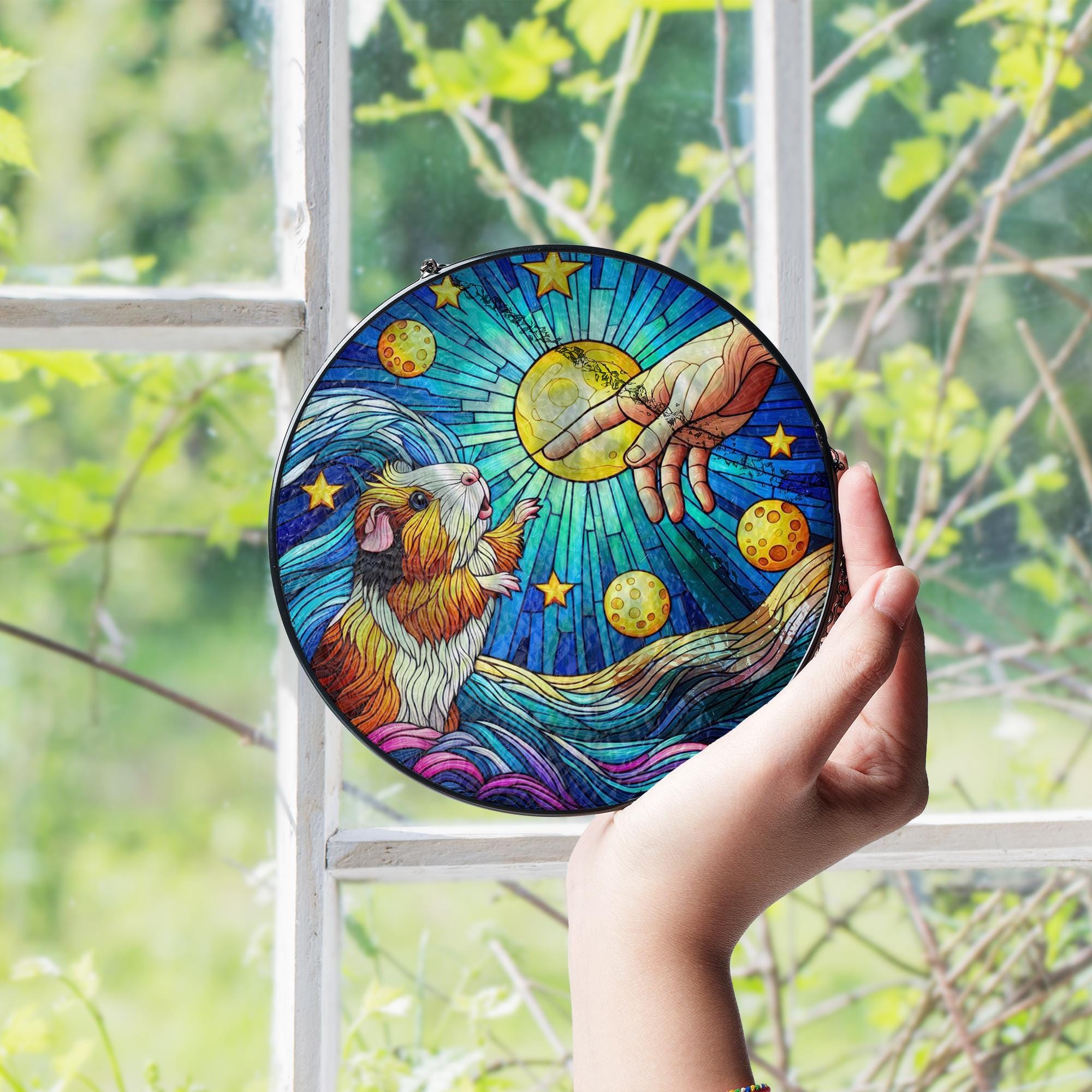 Guinea Pig touching human hand GLASS suncatcher Hanging, Guinea pig glass hanging, starry night Suncatcher, memorial gift