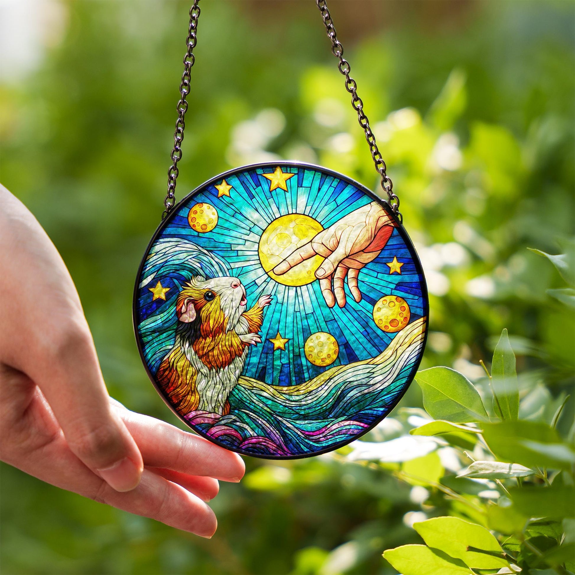 Guinea Pig touching human hand GLASS suncatcher Hanging, Guinea pig glass hanging, starry night Suncatcher, memorial gift