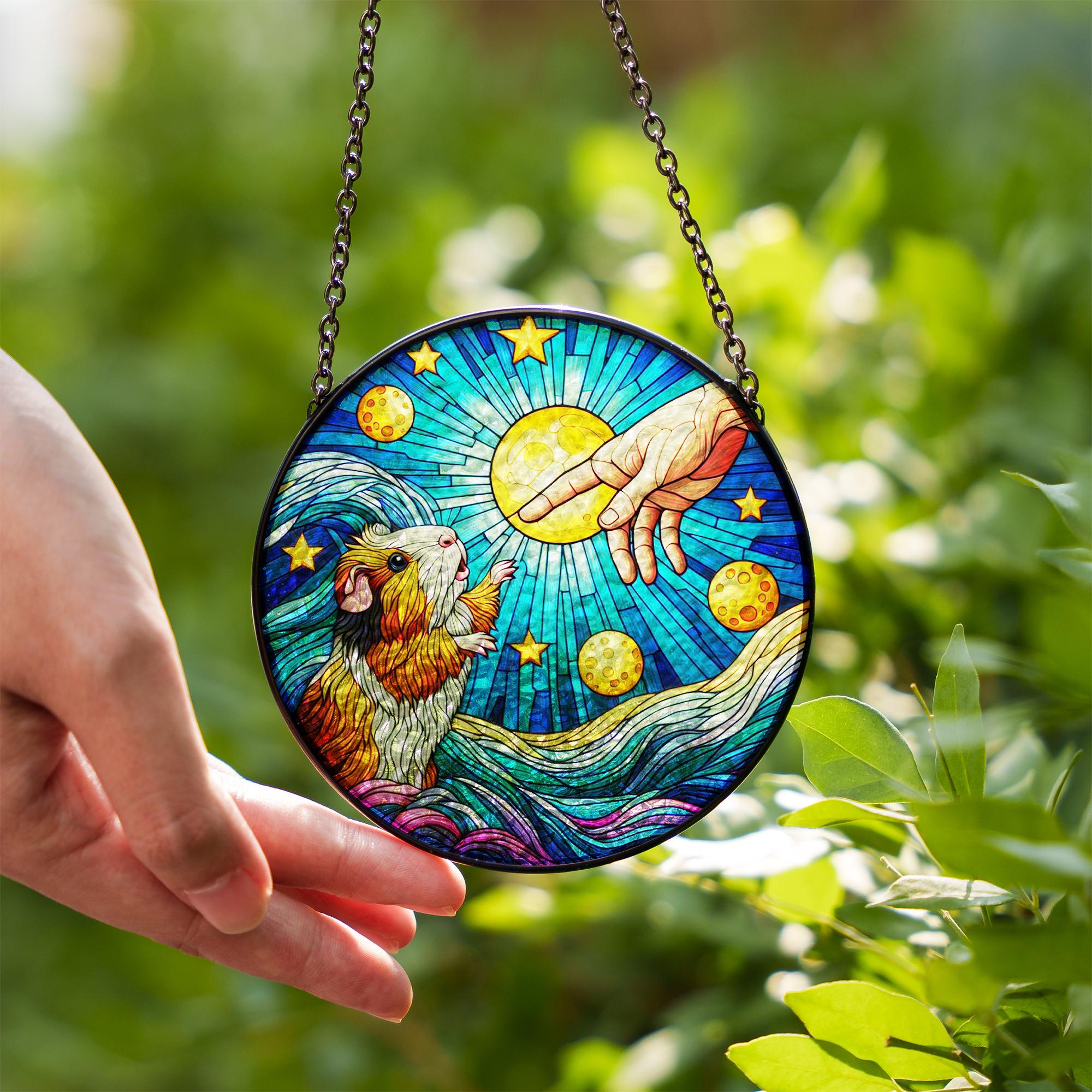 Guinea Pig touching human hand GLASS suncatcher Hanging, Guinea pig glass hanging, starry night Suncatcher, memorial gift