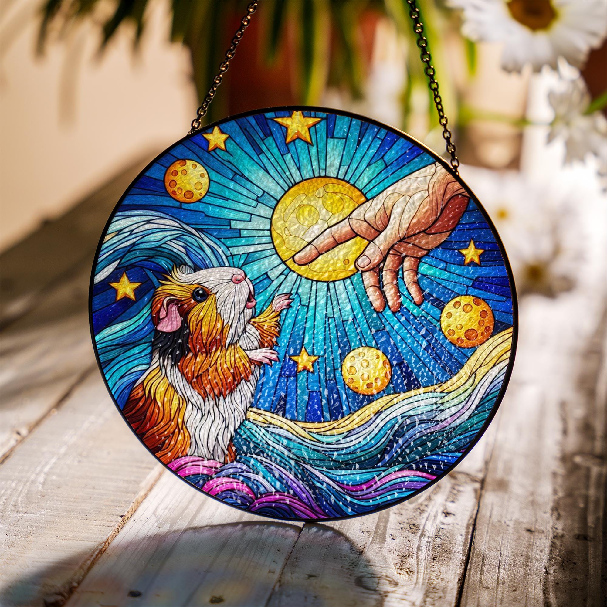 Guinea Pig touching human hand GLASS suncatcher Hanging, Guinea pig glass hanging, starry night Suncatcher, memorial gift